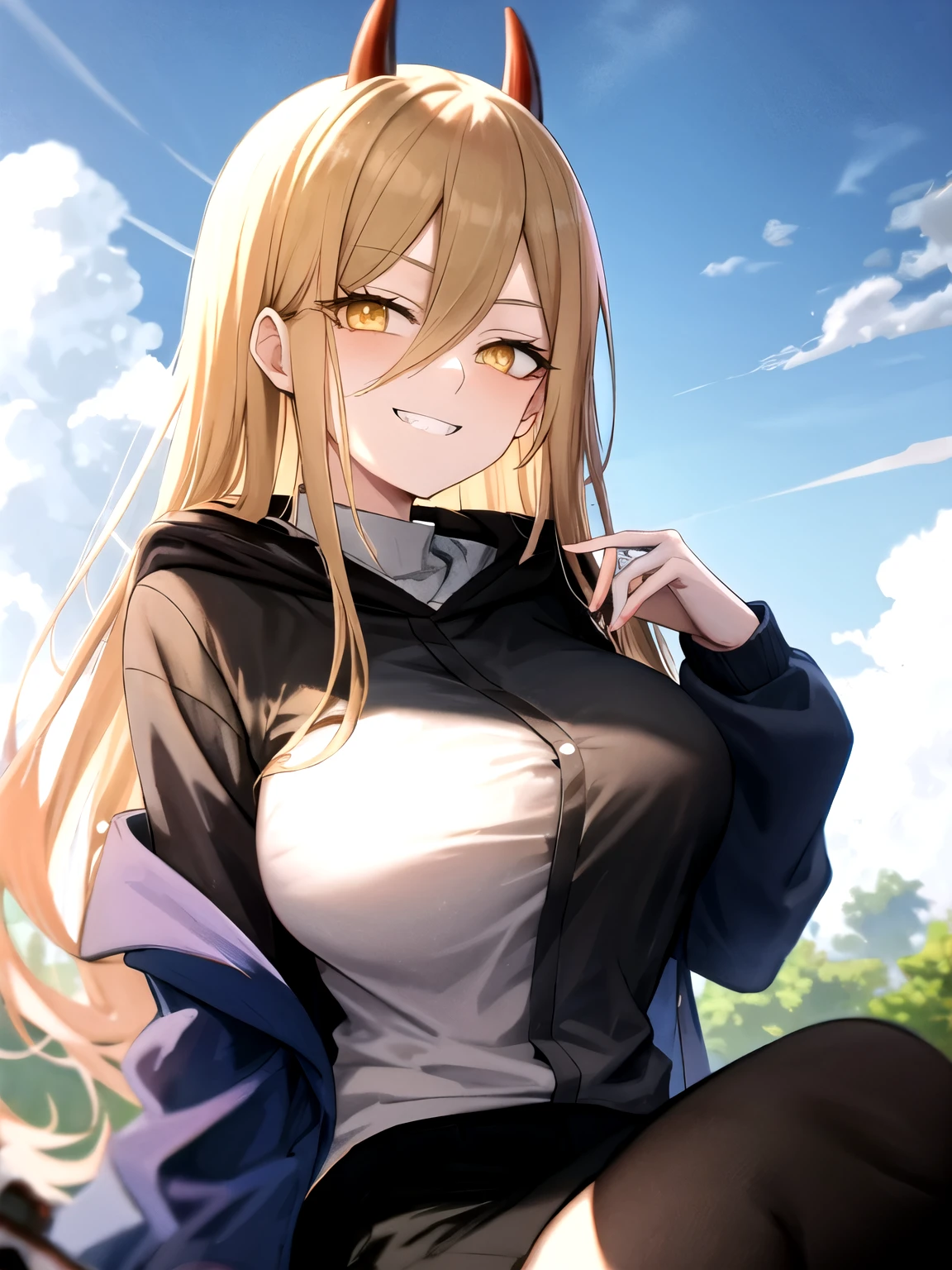 Power \(chainsaw man\), long hair, cloud, looking at viewer, demon horns, blue sky, day, outdoors, yellow eyes, hood, blonde hair, anime coloring, red horns, cloudy sky, jacket,csm anime style, intricate details, masterpiece, grin,show tits