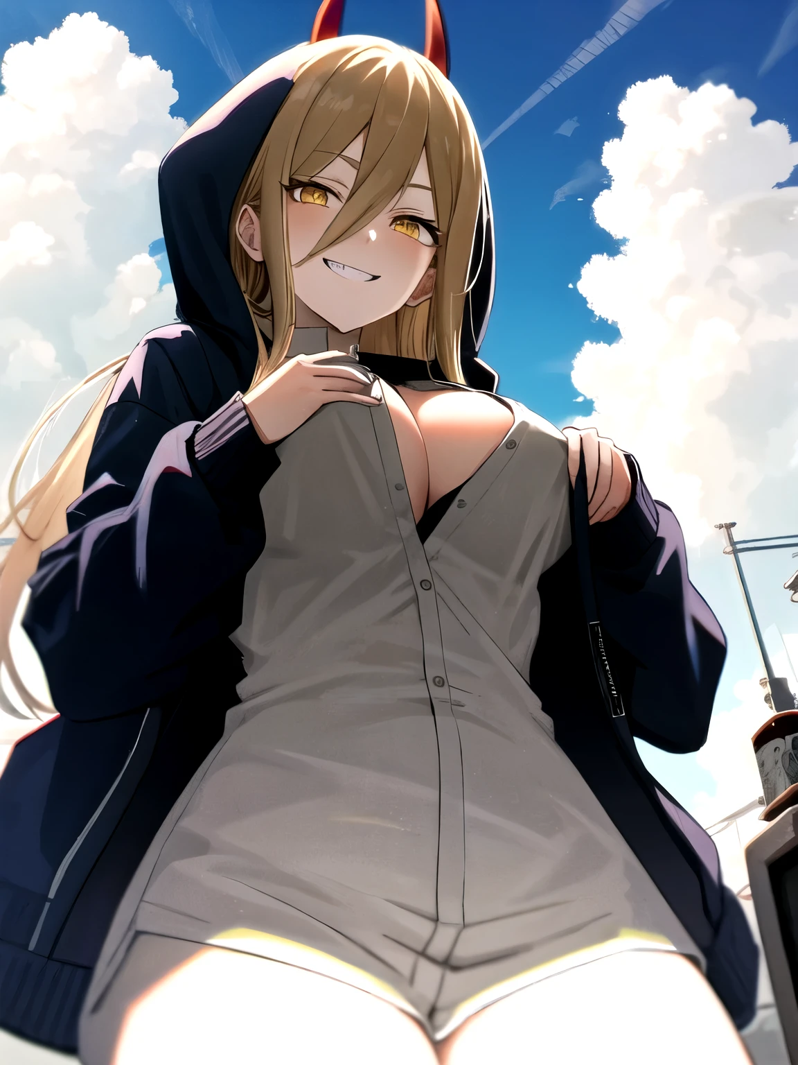 Power \(chainsaw man\), long hair, cloud, looking at viewer, demon horns, blue sky, day, outdoors, yellow eyes, hood, blonde hair, anime coloring, red horns, cloudy sky, jacket,csm anime style, intricate details, masterpiece, grin,show tits