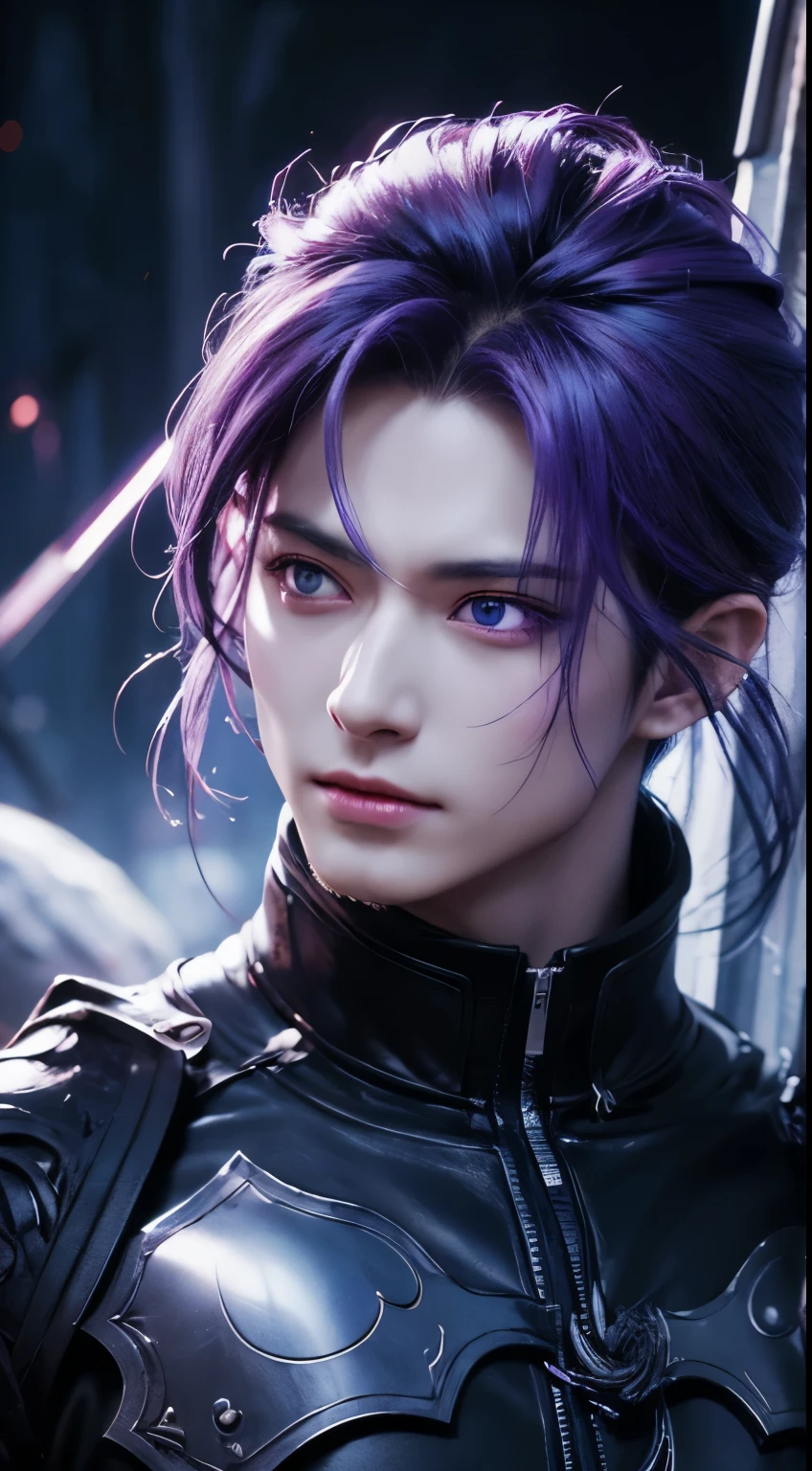anime character with purple hair and glowing eyes in front of a dark background, handsome guy in demon slayer art, epic fantasy art style, badass anime 8 k, epic fantasy digital art style, detailed digital anime art, human male demon, portrait of hades, epic fantasy art style hd, fierce expression 4k, demon male, extremely detailed artgerm