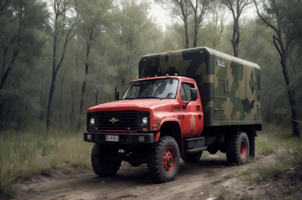 there is a red camión with camouflage on it driving down a dirt road, sergey krasovskiy, Sergey Zabelin, por Artur Tarnowski, kodakcromo : : 8 mil, truck full image , alexey egorov, 2 0 1 2, 2012, Renderizado fotorrealista de 8K octane, alejandro rostov camion tactico militar chevrolet, 6x6 neumaticos todo terreno, pintado de camouflage rojo negro y verde, imagen hiperreal fotografica, imagen panoramica angular completa y total del camion