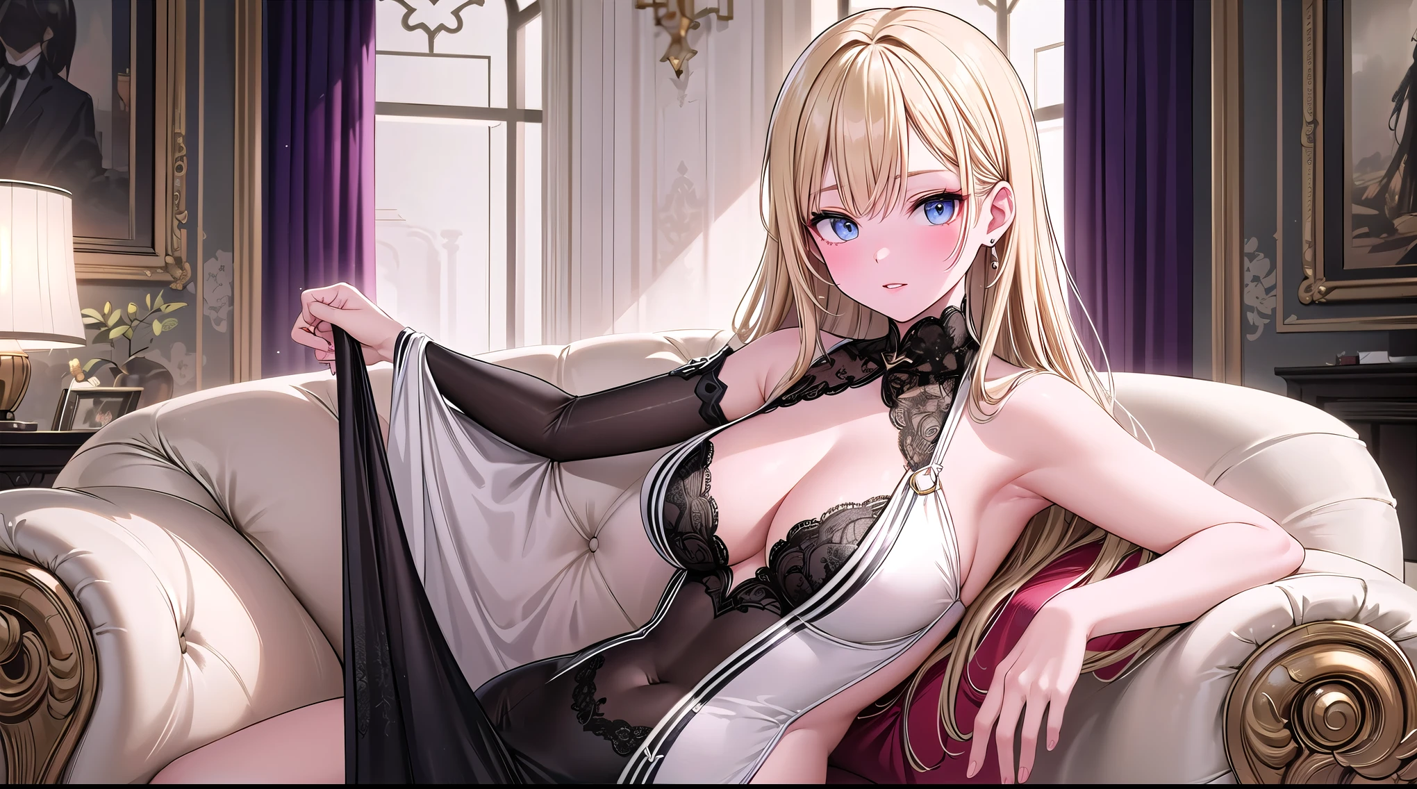 (blonde,hazel-eyed,(best quality,highres,masterpiece:1.2),beautiful detailed eyes and lips,sexy:1.1),richly dressed in fashionable attire,modern room with exquisite interior design,couch made of luxurious material,expensive clothes that accentuate her beauty and elegance,blushing,ultra-detailed surroundings,professional photography,vivid colors and sharp focus,physically-based rendering,modern fashion style,soft and warm lighting