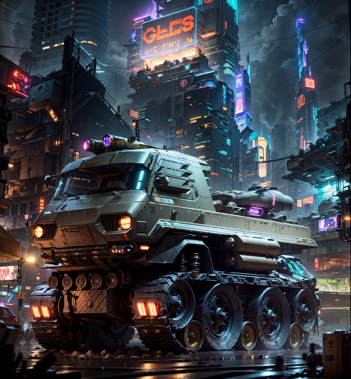 A grunge armored sci fi vehicle in the foreground, behind are some cyber buildings and a super cyber tower and all the lights neon are on in the middle of the wet and Dark foggy night