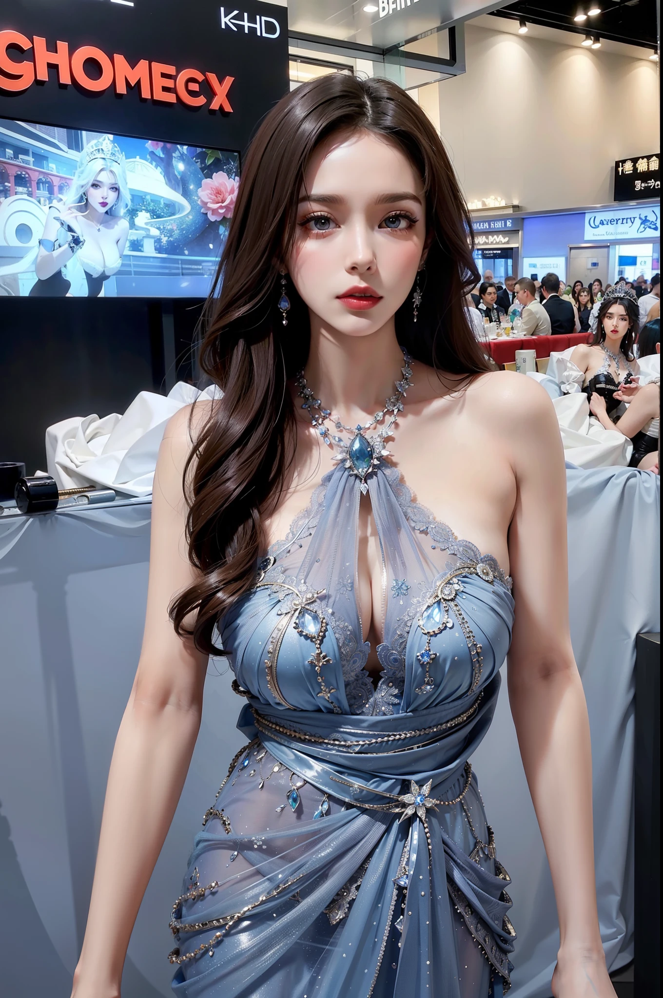 Royal sister，exquisite eyes，Detailed facial expressions body，tall figure，Leg length，4K，HD，translucent lace，Fair and plump figure，pretty face，Little cherry mouth，beautiful and delicious（3D royal sister），exquisite dress，Wear crystal jewelry，Gorgeous Sapphire Crystal Diamond Pearl Gown，Goddess of mythology，luxury，Photo quality，High quality facial details，High-end aesthetics，luxury，gothic style，blue pupils，Lipstick on mouth，Breasts are big