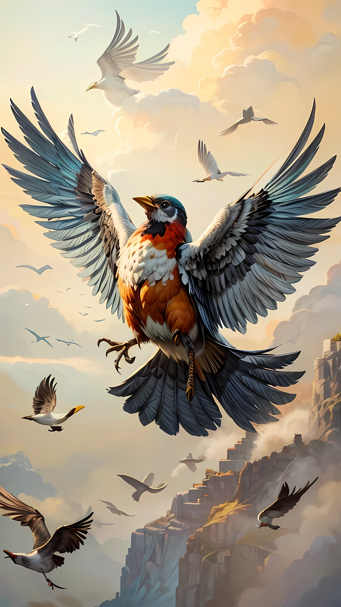 A bird flying with open wings, obra de arte, tradicional_media, Melhor qualidade, [realista], CG extremamente detalhado
