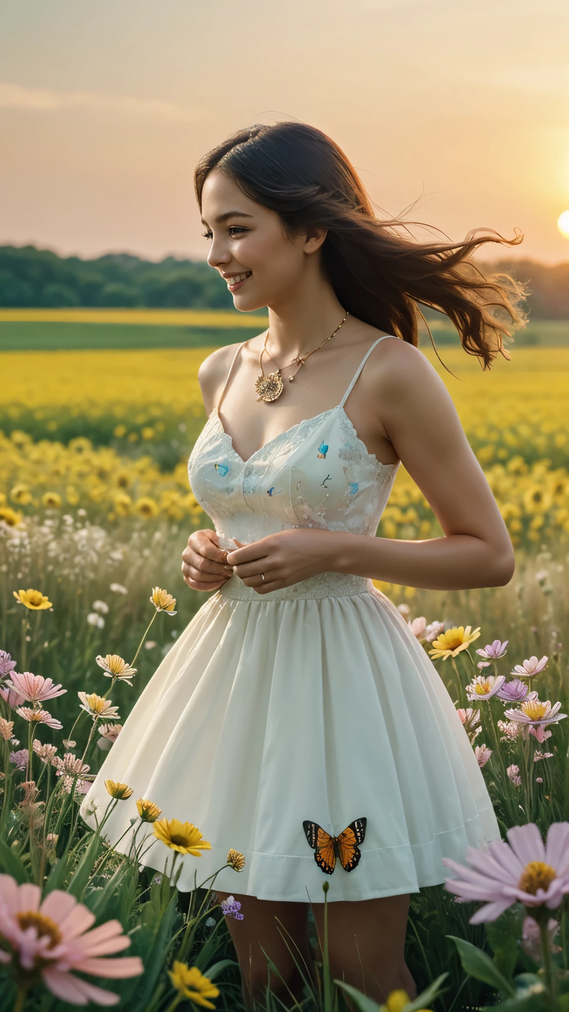 masterpiece, best quality, official art, extremely detailed CG unity 8k wallpaper, highly detailed, absurdres, Panorama, Depth of field, telephoto lens, angel, looking afar, looking away, skirt lift, in spring, sunset, rainbow, (((flower field))), (((flower sea))), Tyndall effect, (illustration),(paper figure),(lococo),((impasto)),(shiny skin), Magic Vortex, ((ink)),(water color),bloom effect,detailed beautiful grassland with petal,flower,butterfly,necklace,smile,petal,(((surrounded by heavy floating petal flow)))