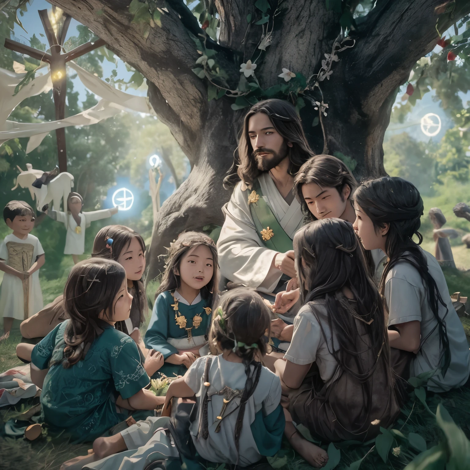 jesus junto de um jovem asiatico bonito, showing the three crosses on Mount Calvary in the late afternoon. Great quality image, very refined lines with real light, magic style