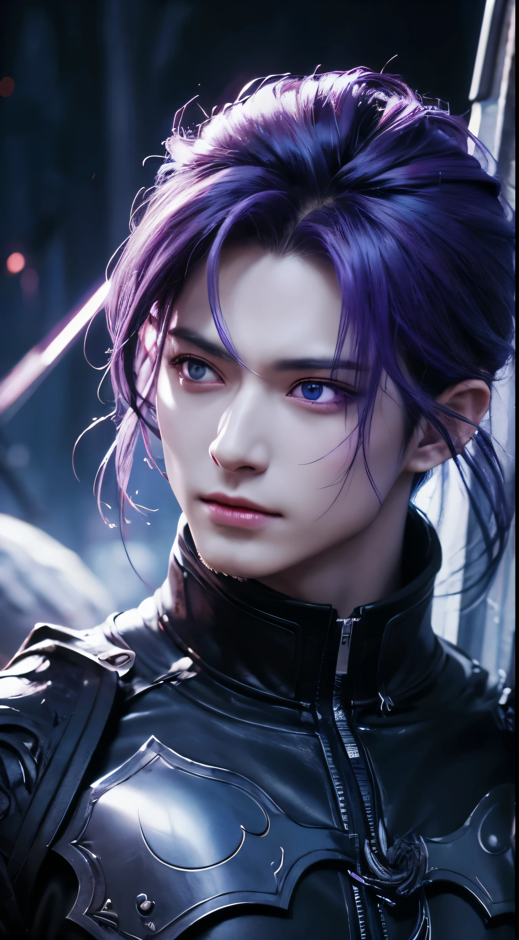 anime character with purple hair and glowing eyes in front of a dark background, handsome guy in demon slayer art, epic fantasy art style, badass anime 8 k, epic fantasy digital art style, detailed digital anime art, human male demon, portrait of hades, epic fantasy art style hd, fierce expression 4k, demon male, extremely detailed artgerm