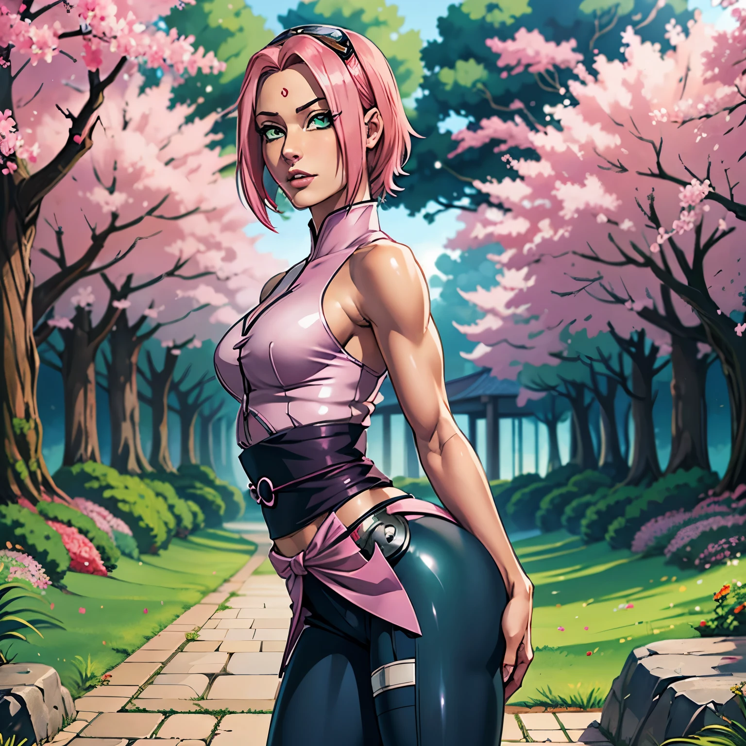 ((ultra quality)), ((masterpiece)), Haruno Sakura, Naruto Shippuden, ((pink short hair)), (beautiful cute face), (beautiful female lips), Charming, ((sexy facial expression)), looks at the camera, eyes slightly open, (skin color white), (blue skin), glare on the body, ((detailed beautiful female eyes)), ((green eyes)), (juicy women's lip liner), (beautiful female hands), ((ideal female figure)), ideal female body, beautiful waist, gorgeous thighs, beautiful small breasts, ((thin and beautiful)), stands temptingly (Rear view), (Sakura Haruno's clothes, black skinny shorts, leggings, Hidden Leaf Village Shinobi Clothes) background: hidden leaf village, Naruto shippuden, ((depth of field)), ((clear high quality image)), (Clear details), ((high detail)), really, professional photo shoot, ((Clear Focus)), anime