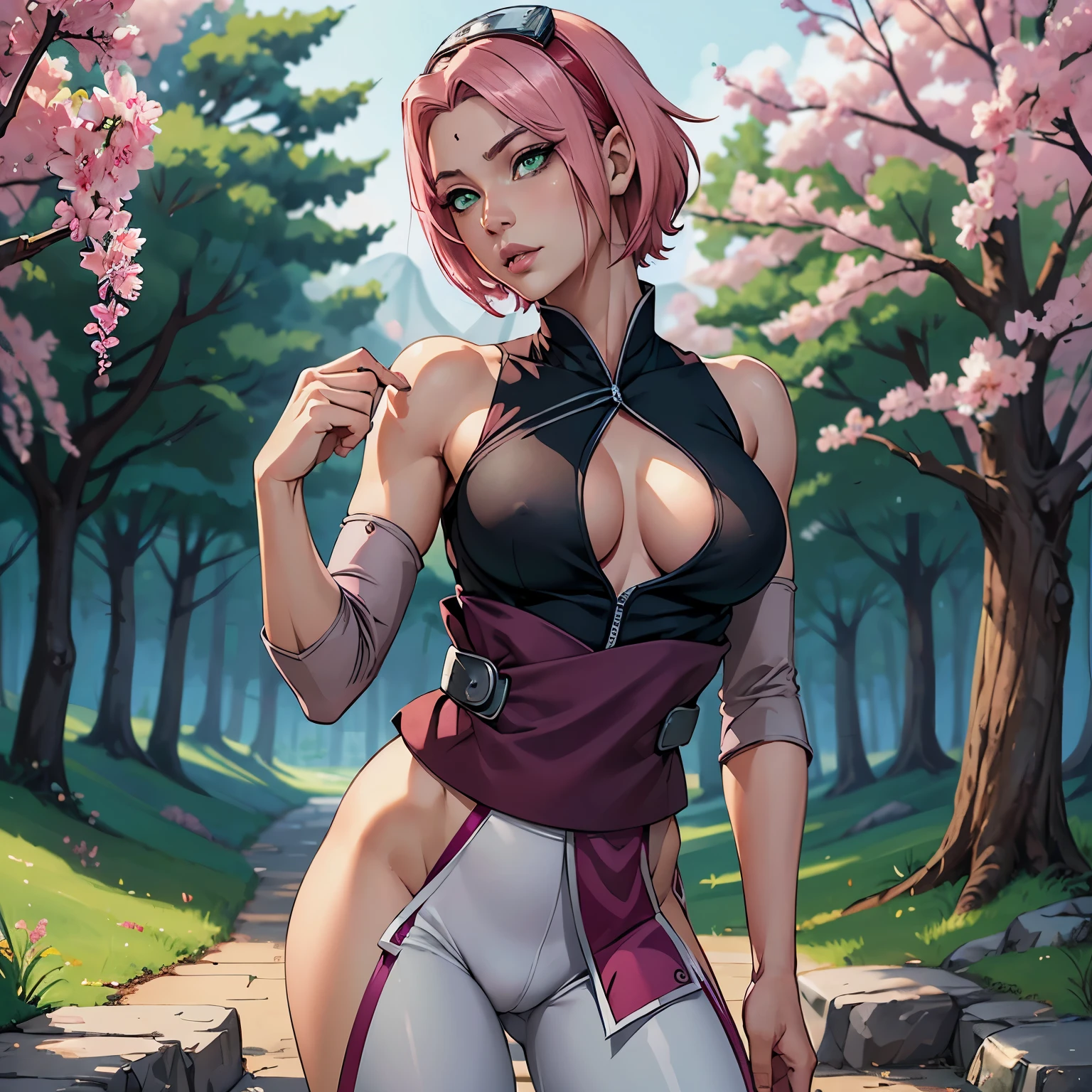 ((ultra quality)), ((masterpiece)), Haruno Sakura, Naruto Shippuden, ((pink short hair)), (beautiful cute face), (beautiful female lips), Charming, ((sexy facial expression)), looks at the camera, eyes slightly open, (skin color white), (blue skin), glare on the body, ((detailed beautiful female eyes)), ((green eyes)), (juicy women's lip liner), (beautiful female hands), ((ideal female figure)), ideal female body, beautiful waist, gorgeous thighs, beautiful small breasts, ((thin and beautiful)), stands temptingly (Rear view), (Sakura Haruno's clothes, black skinny shorts, leggings, Hidden Leaf Village Shinobi Clothes) background: hidden leaf village, Naruto shippuden, ((depth of field)), ((clear high quality image)), (Clear details), ((high detail)), really, professional photo shoot, ((Clear Focus)), anime