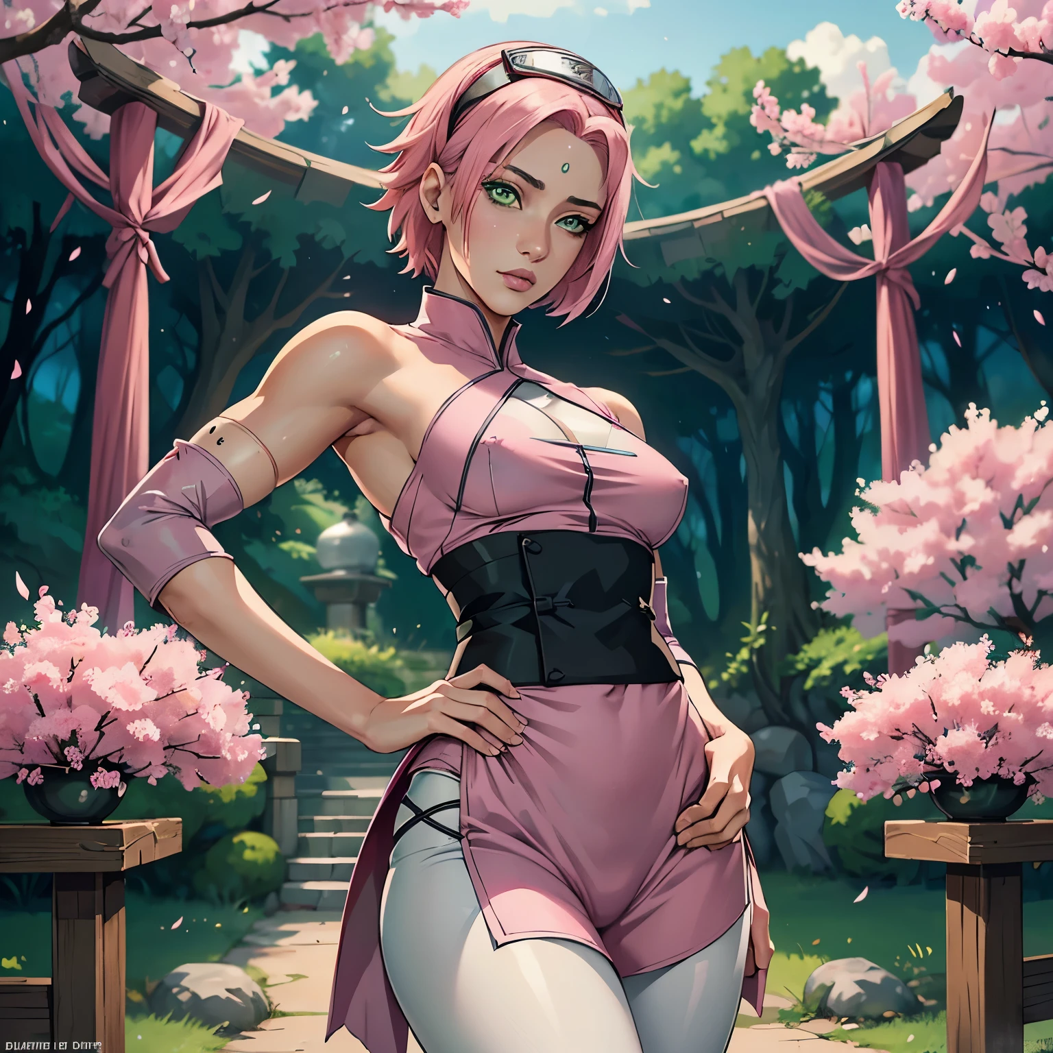 ((ultra quality)), ((masterpiece)), Haruno Sakura, Naruto Shippuden, ((pink short hair)), (beautiful cute face), (beautiful female lips), Charming, ((sexy facial expression)), looks at the camera, eyes slightly open, (skin color white), (blue skin), glare on the body, ((detailed beautiful female eyes)), ((green eyes)), (juicy women's lip liner), (beautiful female hands), ((ideal female figure)), ideal female body, beautiful waist, gorgeous thighs, beautiful small breasts, ((thin and beautiful)), stands temptingly (Rear view), (Sakura Haruno's clothes, black skinny shorts, leggings, Hidden Leaf Village Shinobi Clothes) background: hidden leaf village, Naruto shippuden, ((depth of field)), ((clear high quality image)), (Clear details), ((high detail)), really, professional photo shoot, ((Clear Focus)), anime