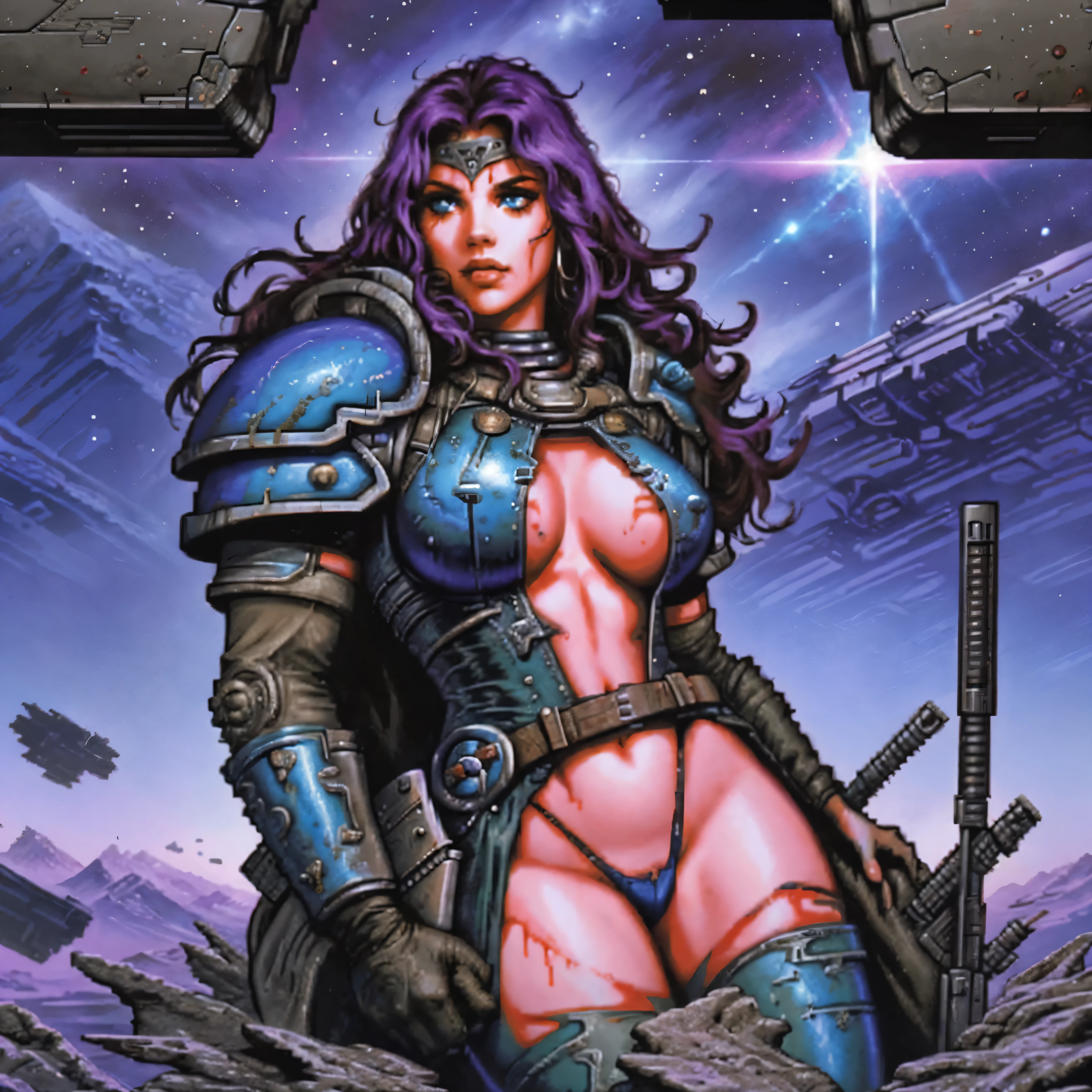 1 barbarian female, heavy metal magazine, blue head girl, sexy lips, space-warrior girl, cyborg girl, beautiful bbw girl, chubby girl, woman-warrior, whole body, nude body, Perfect skin, space background, blood rain, dark fantasy, Linsner style, Science fiction, 80s, 16-bit game, VHS era, planet in space background, purple lightning, psychedelic color background, smog, fog, swamp, girl in swamp, mad max style, vhs tape cover