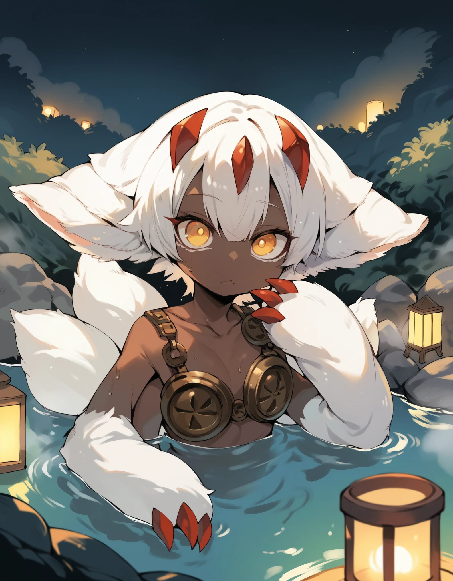 (score_9, score_8_up), score_7_up, score_6_up, score_5_up, score_4_up, Faputa, 1girl, dark skin, dark-skinned girl, white hair, short hair, 4arms, red claws, multiple tails, yellow eyes, yawning, white fur, animal ears, smug, metal bra, onsen, water, thermal source, submerged, steam, outdoors, rocks, bushes, grass, night, lantern, looking at viewer, expressionless, sweating, spoken interrobang, 