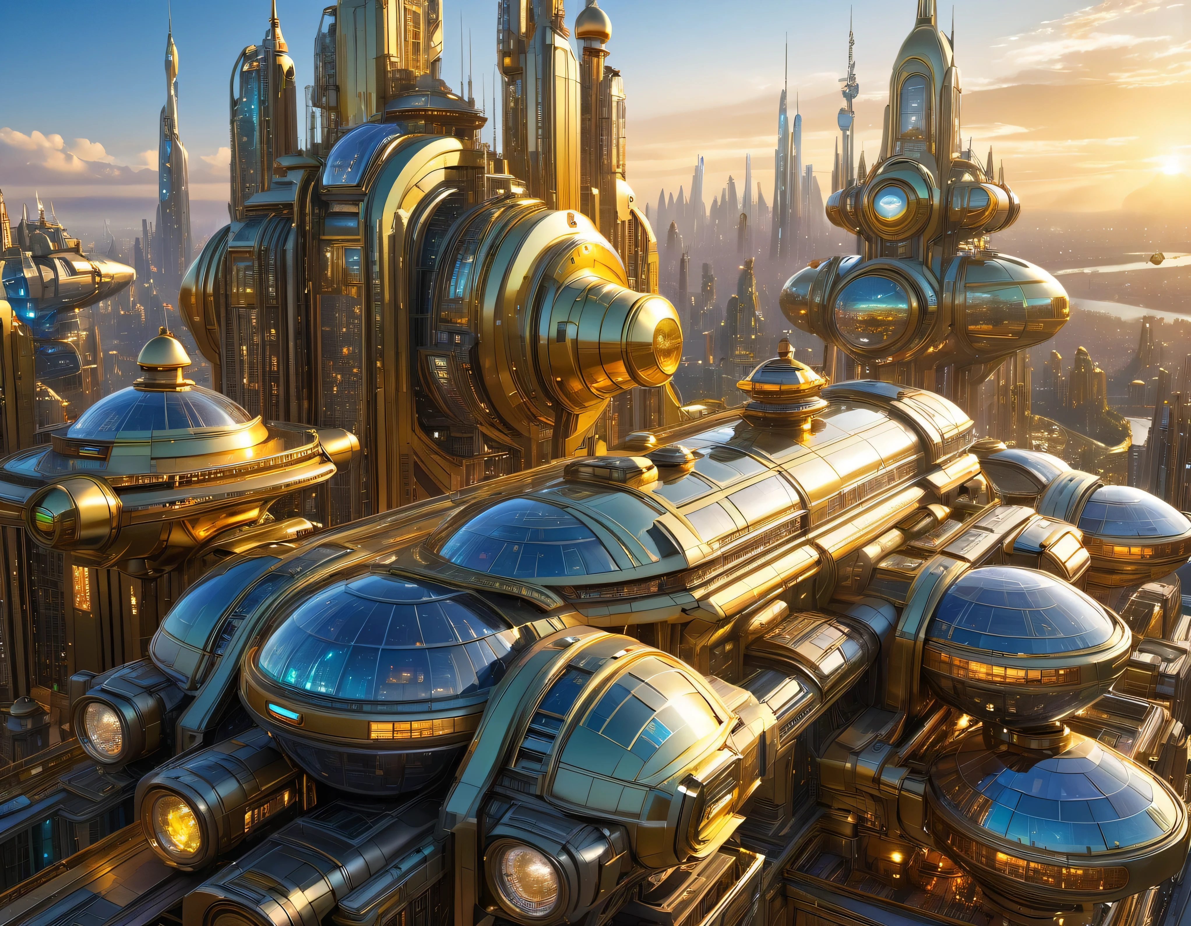 (golden hour lighting), megacity, megalopolis of an imaginary world of science fiction , parecido a una disneylandia futurista, and maximum fantasy, con inmensos edificios y rascacielos ovalados y dodecaedricos agrupados de metal y cristal donde predomina el oro refulgente y los anuncios luminosos de colores. imagen bien definida 8k, (intrincados detalles de la maquina), con muchos edificios juntos.(obra maestra de superior calidad).(imagen fotorrealista), nitidez absoluta hasta el fondo