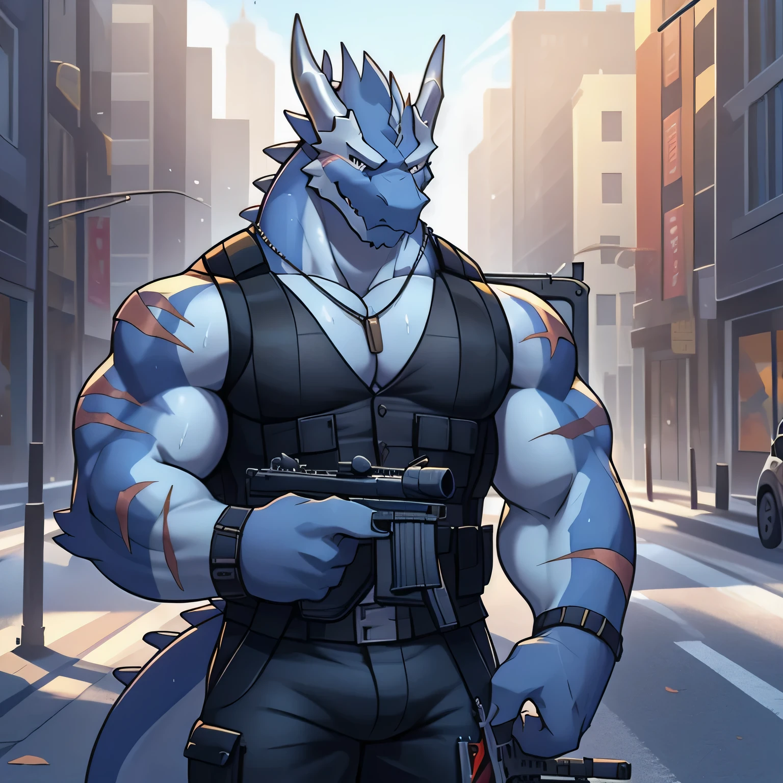 (dragon), two colors, There are scars on the face, Wearing sunglasses on head,The necklace hangs around the neck,(muscular body:1.3), There are scars on the face, Handsome, OK,(There are scars on the face), on the street,(Express),(city background),(There are scars on the face:1.2),look at screen,(dragon horn),(Dragon tail),perfect masterpiece,(16K),alone,((Strong)),,(hands crossed),(dick:1.2),Perfect proportion,front,hands crossed,Sweat,(hands crossed:1.5),(Have a gun in hand:1.3),(intense expression:1.2),(imagine:1.5),(with rifle in hands:1.8),Strong,muscle,with dragon wings,more details,CG,(dragon), torso,((Have a gun in hand)), (Bulletproof vest)),Serious expression