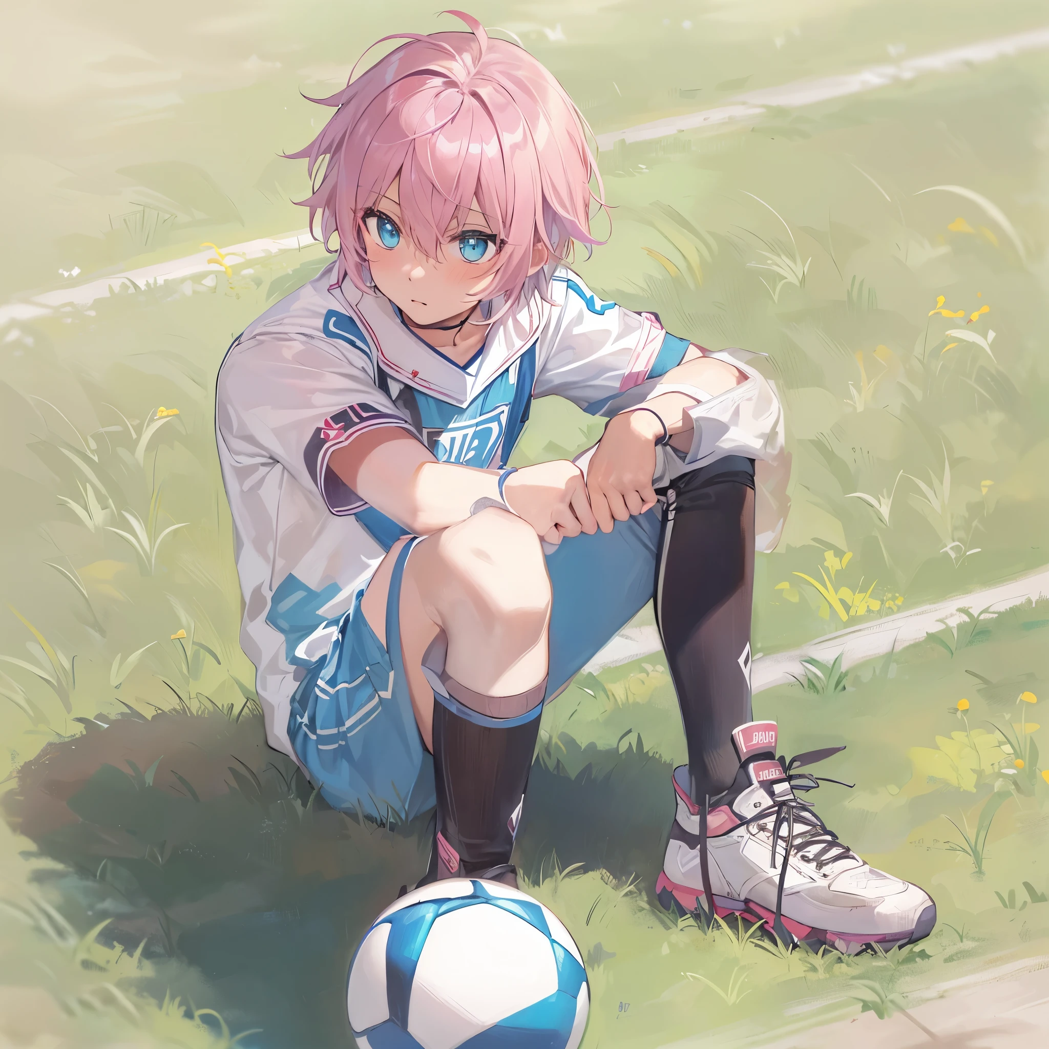 (1boy, masculino),(atacante),uniforme de futebol, aquamarine eyes, Campo de futebol, astolfo fate short hair