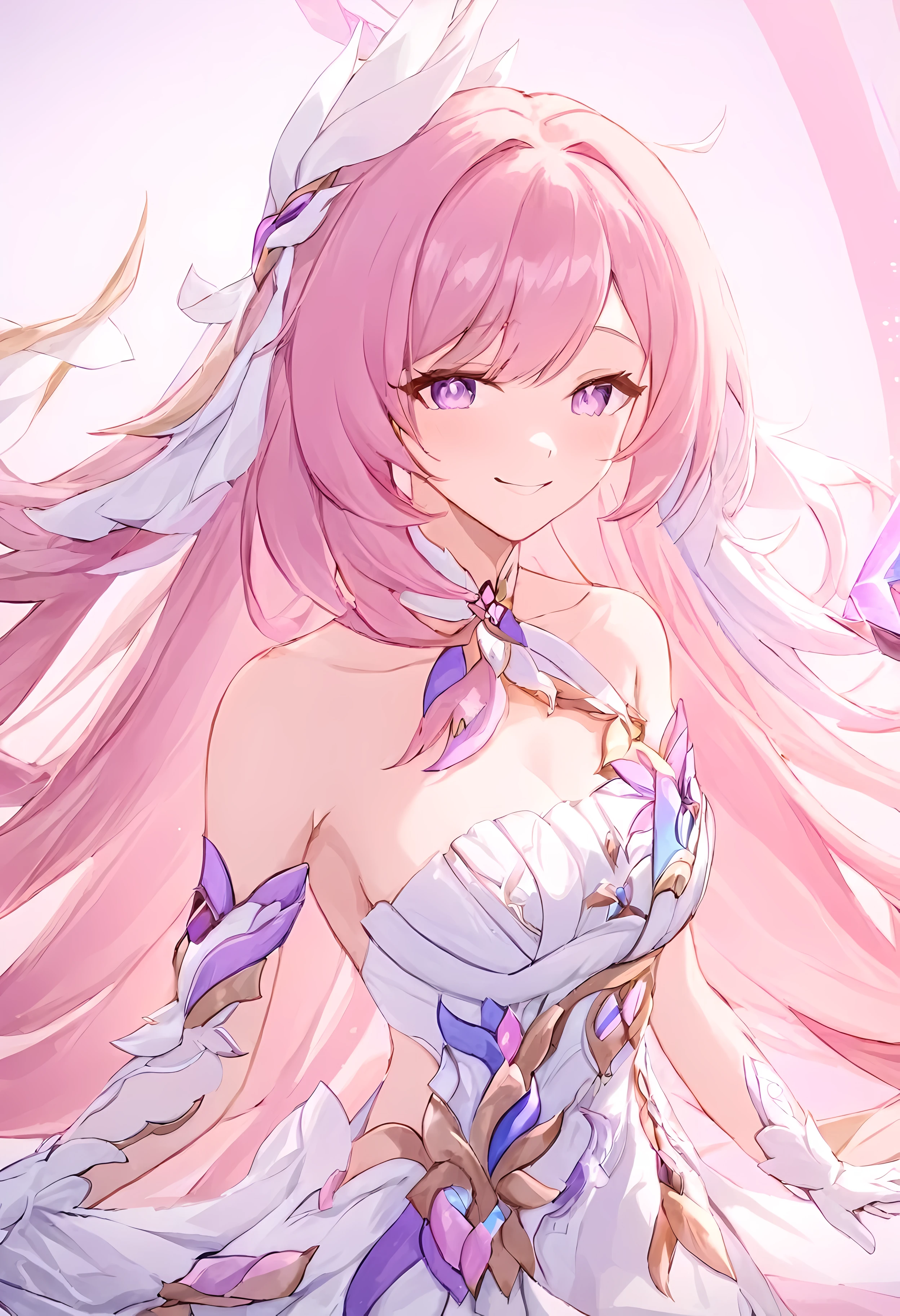 1girl, elysia \(honkai impact\), solo, white gloves, gloves, dress, smile, white dress, closed mouth, bare shoulders, breasts, symbol-shaped pupils, very long hair