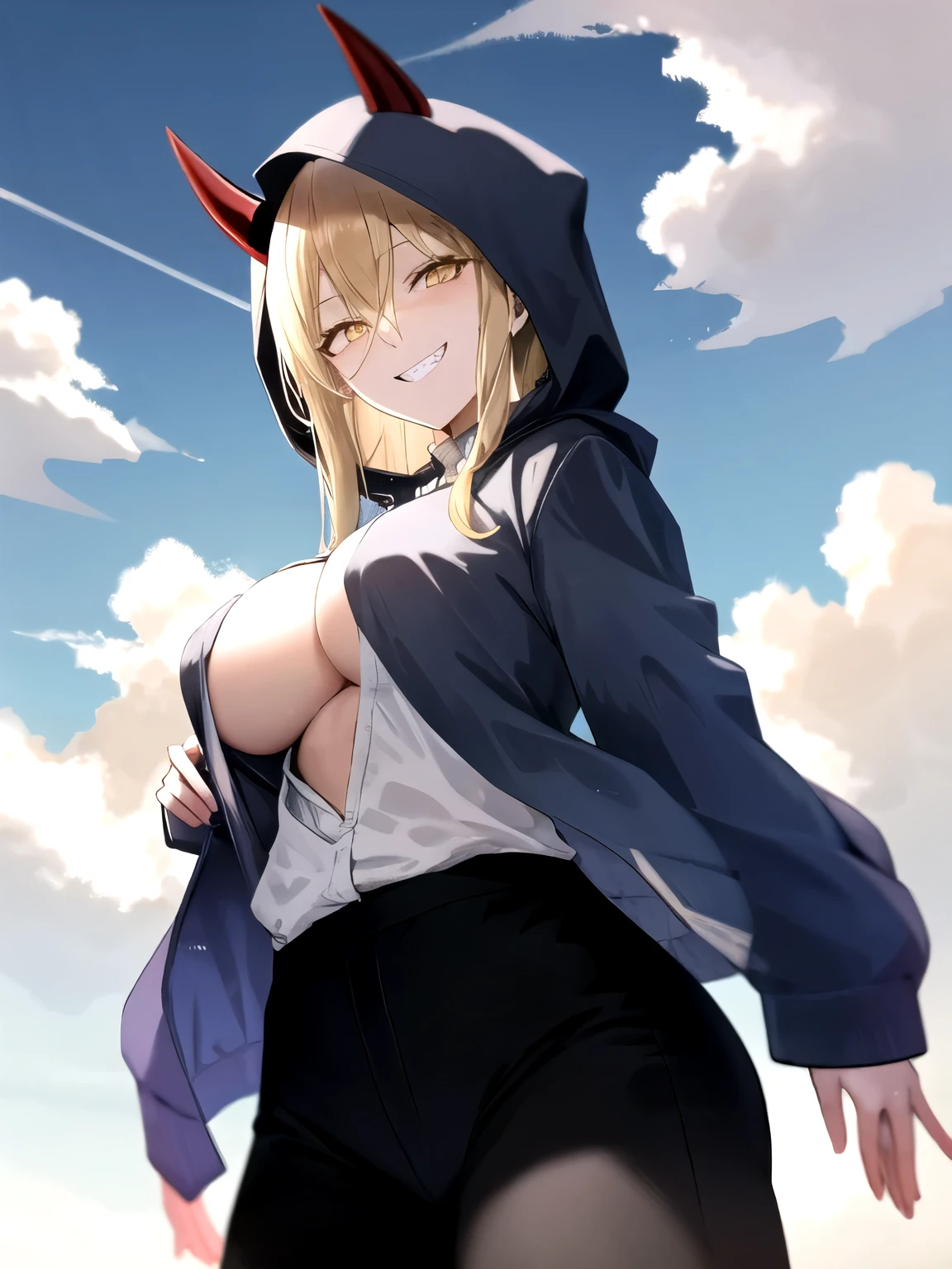 Power \(chainsaw man\), long hair, cloud, cowboy shot, demon horns, blue sky, day, outdoors, yellow eyes, hood, blonde hair, anime coloring, red horns, cloudy sky, jacket,csm anime style, masterpiece, grin,show tits