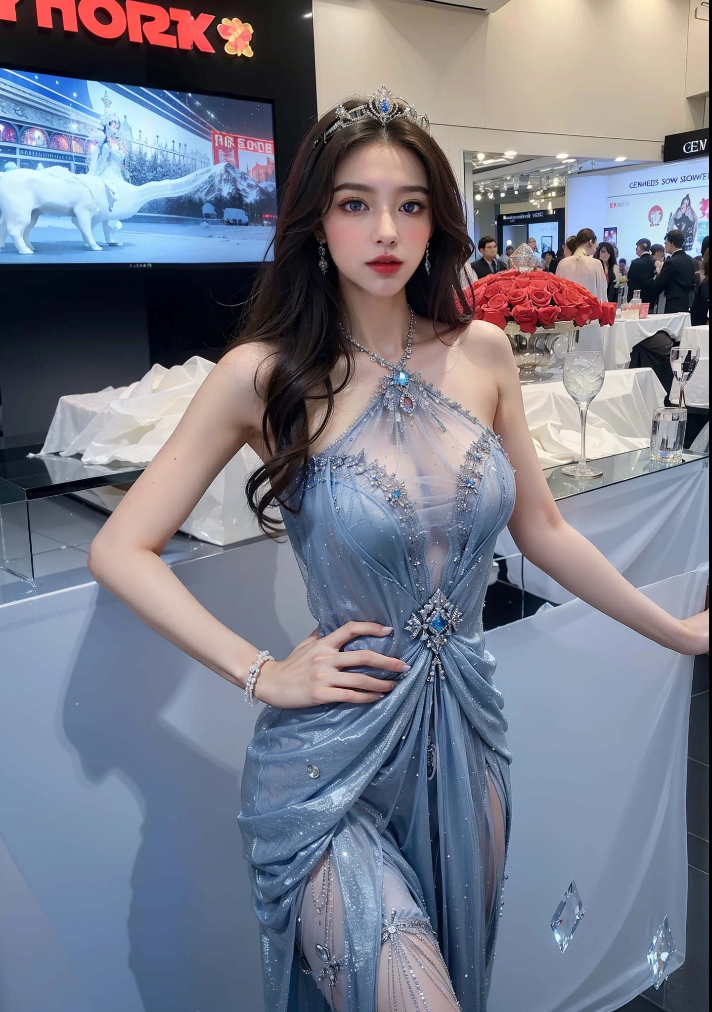 Royal sister，exquisite eyes，Detailed facial expressions body，tall figure，Leg length，4K，HD，translucent lace，Fair and plump figure，pretty face，Little cherry mouth，beautiful and delicious（3D royal sister），exquisite dress，Wear crystal jewelry，Gorgeous crystal gems，Gem and jewelry crown，The colors of the picture are very bright，Gorgeous ice and snow princess，Very gorgeous and noble dress，Photo quality，High-end aesthetics，Ornate decoration，Blue pupils are like the starry sky，apply lipstick，goddess，Breasts are big，Fingers neat