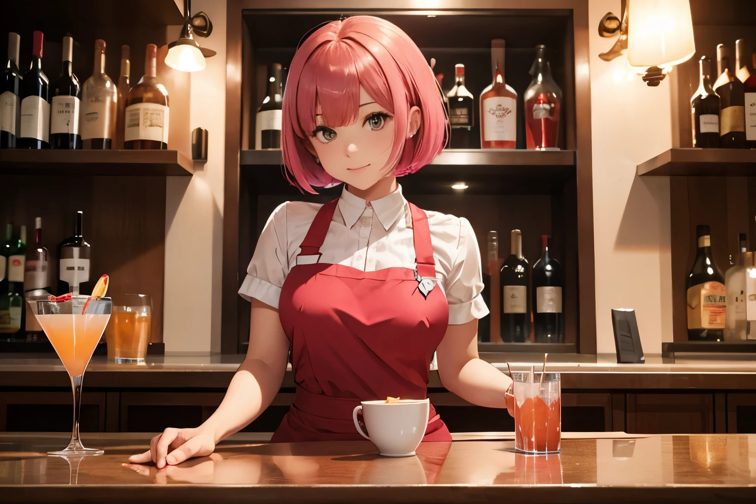 Woman in red dress with pink bob cut sitting on chair at pub counter drinking cocktail in cocktail glass, male waiter inside counter wiping glass with white cloth.