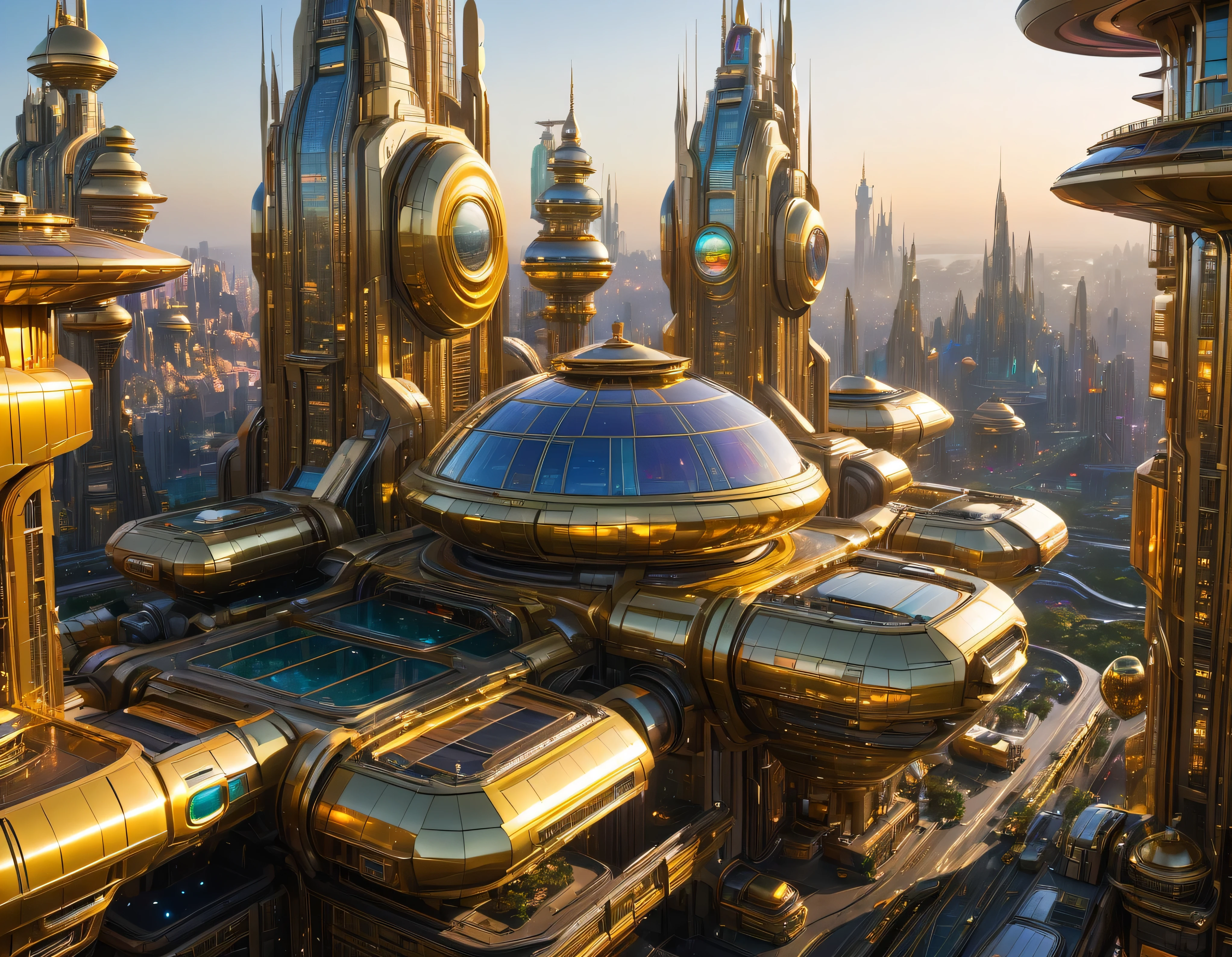 (golden hour lighting), megacity, megalopolis of an imaginary world of science fiction , parecido a una disneylandia futurista, and maximum fantasy, con inmensos edificios y rascacielos ovalados y dodecaedricos agrupados de metal y cristal donde predomina el oro refulgente y los anuncios luminosos de colores. imagen bien definida 8k, (intrincados detalles de la maquina), con muchos edificios juntos.(obra maestra de superior calidad).(imagen fotorrealista), nitidez absoluta hasta el fondo