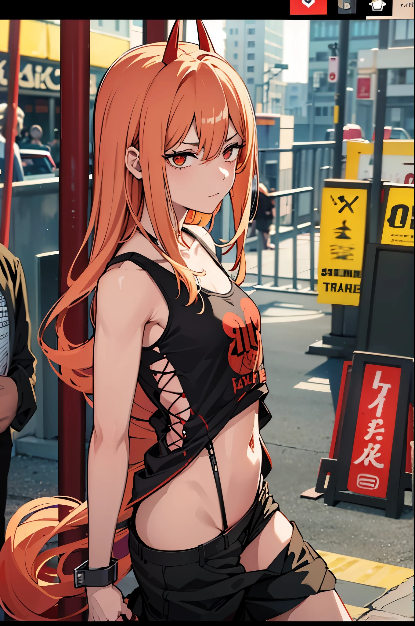 1 girl, Power, chainsawman anime, red horns, yellow hair, ((strip bar)), white tank top, (woman boxer black shorts), long hair, (shading), ((pole dance)), striptease