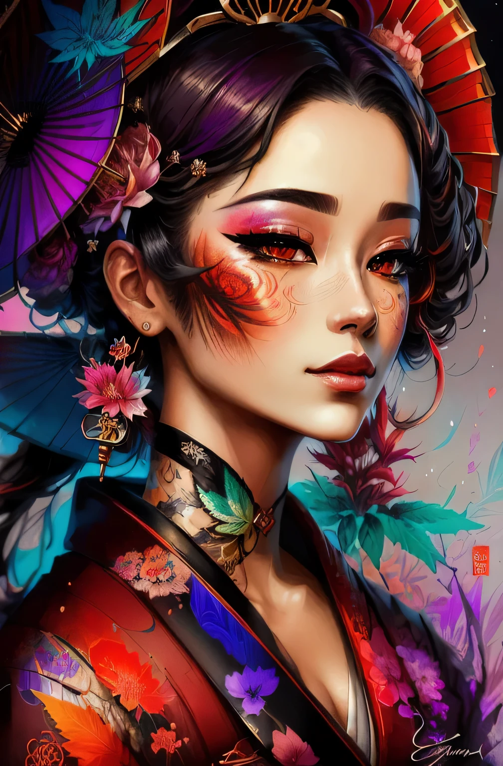 Stunning cannabis geisha, centered, cannabis key visual, intricate, highly detailed, breathtaking beauty, precise lineart, vibrant, comprehensive cinematic, Carne Griffiths, Conrad Roset, (the most beautiful portrait in the world:1.5)