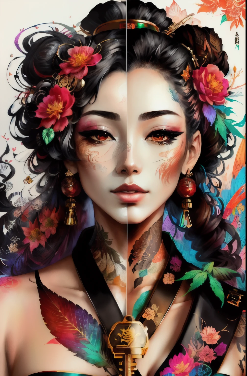 Stunning cannabis geisha, centered, cannabis key visual, intricate, highly detailed, breathtaking beauty, precise lineart, vibrant, comprehensive cinematic, Carne Griffiths, Conrad Roset, (the most beautiful portrait in the world:1.5)