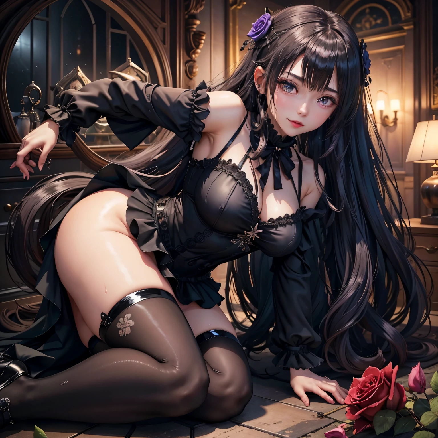 ハードdark gothicメイク、Insanity、deep night sky、horror、black dark eyeshadow、cry、grieve、Good skin glow、dark gothicメイク、dark smile、restless palace、fragrant beauty、22 years ago、lure、Expression of intense sexual pleasure、embarrassed look、dark gothic、lewd expression、debris flies、highest quality、Browse 5 books、Expression of sexual pleasure in suffering、drunk face、purple maid outfit、Mysterious、Noble、A face that is holding back the toilet、super sexy、loving smile、twin tail hair、jet black ruffle skirt、right blue eye, left eye is red、バラで覆われたゴシック様modeのベッド、Super bewitching pose、stick out your butt、platform heel shoes、dark makeup、black lipstick、Stained glass、black metal world、open your legs loosely、make the world beautiful、sit on a bed of roses、gothic ta clothing、comb hair、A little slender、silver hair、long hair straight hair、cute gothic loliress、beautiful face、elegant face、bewitching face、knee high socks、Stained glassが背景、My chest is shiny from a lot of sweat、the room is dark、goth long dress、bell sleeve、wizard sleeve、decadent look、sexually excited look、part of hair、mode、ゴシックmode、Glossy thighs wet with water、Thighs wet and shiny with oil、Background of a room full of roses、sad expression、Rose Maiden、embroidery is pink、The costume has pink embroidery、thigh high socks、kneel down、Place your knees on the floor、knee high socks、Her thighs shine with a lot of sweat.、kneel down、Iの体は濡れて輝いています、Lots of glitter on the thighs、I'Iはたくさん汗をかいています、A lot of sweat and stickiness on the thighs、Sweat glistens on my thighs, The whole body is sweaty and shiny、pretty sweaty、My thighs are sweaty、Iの太ももはとても濡れています、I sweat a lot and my thighs are shiny.、A large amount of sweat shines all over the body、kneel down、From right arm to crotch、、spread your legs wide、slender body、gentle expression、masturbation behavior、deep black eyeshadow、despicable act、Stained glassと薔薇背景、wearing black underwear、black panties、thighs are a little thin、duo、female couple、I have lesbian friends、Are standing、standing position、