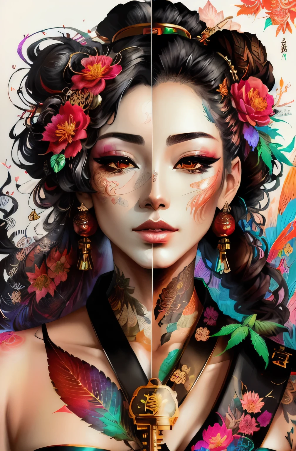 Stunning cannabis geisha, centered, cannabis key visual, intricate, highly detailed, breathtaking beauty, precise lineart, vibrant, comprehensive cinematic, Carne Griffiths, Conrad Roset, (the most beautiful portrait in the world:1.5)