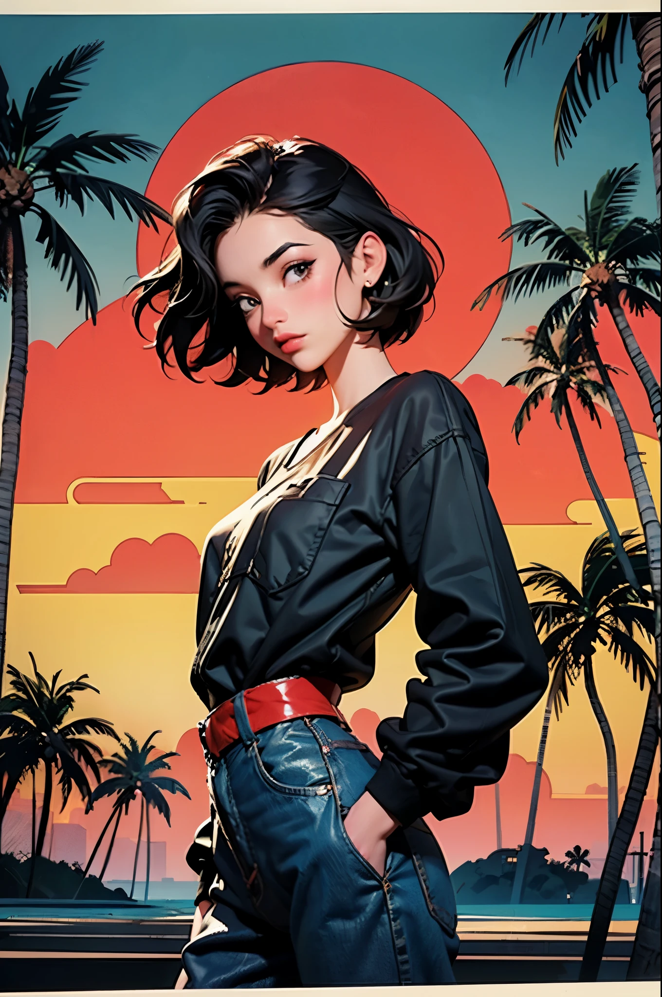 retro girl, Miami, sunset, Ferrari, palm tree, 90's, (flat colors, flat texture, lineart:1.2), graphical design, (heavy ink, ink blacks),