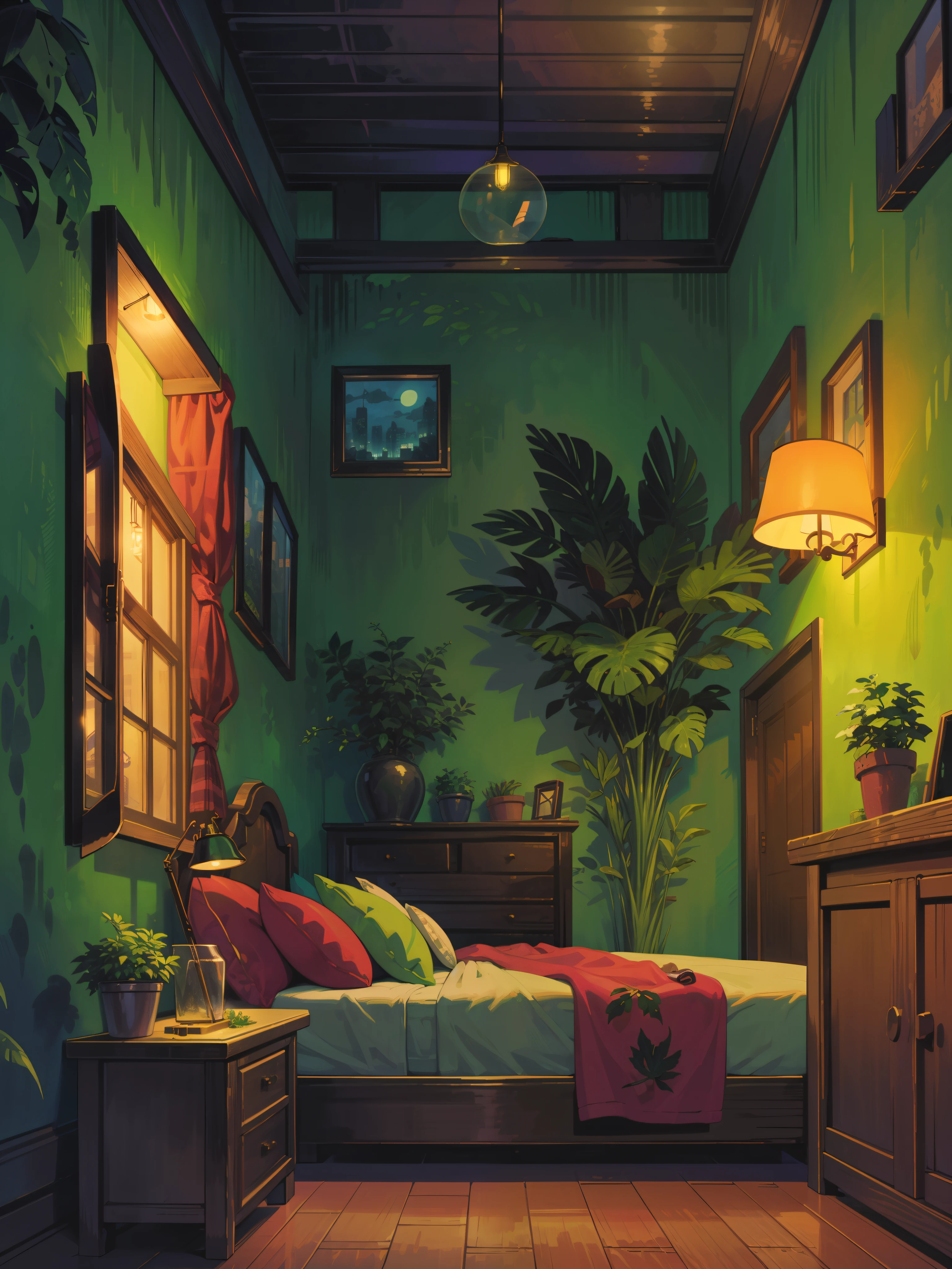 coz room with glass windows, warm dim lamp light, night time, lit hut, leafy plant pots, skyscrapers visible from window, ghibli style, festive lights, vibrant colors, intrinsic details, king size bed, indoors, high contrast, saturated tones, golden hour, green walls, thick lines