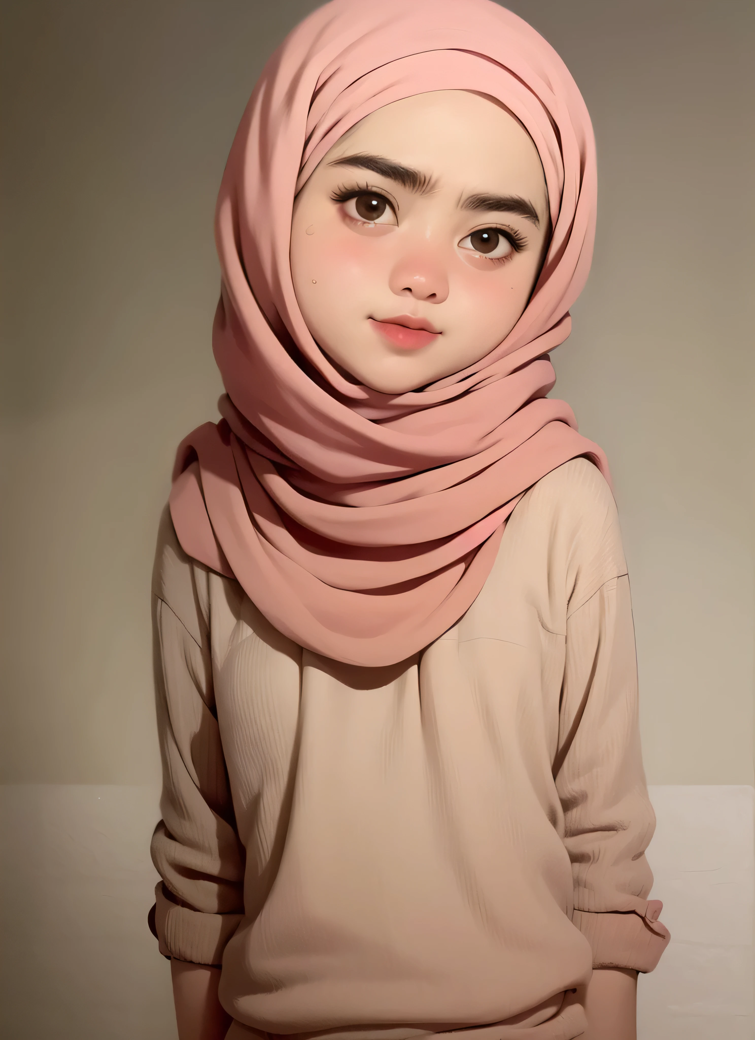 super cute girl IP by popmart,natural light,Adorable,Youthful,Animated, pixar style, hijab style, muslim, gray background