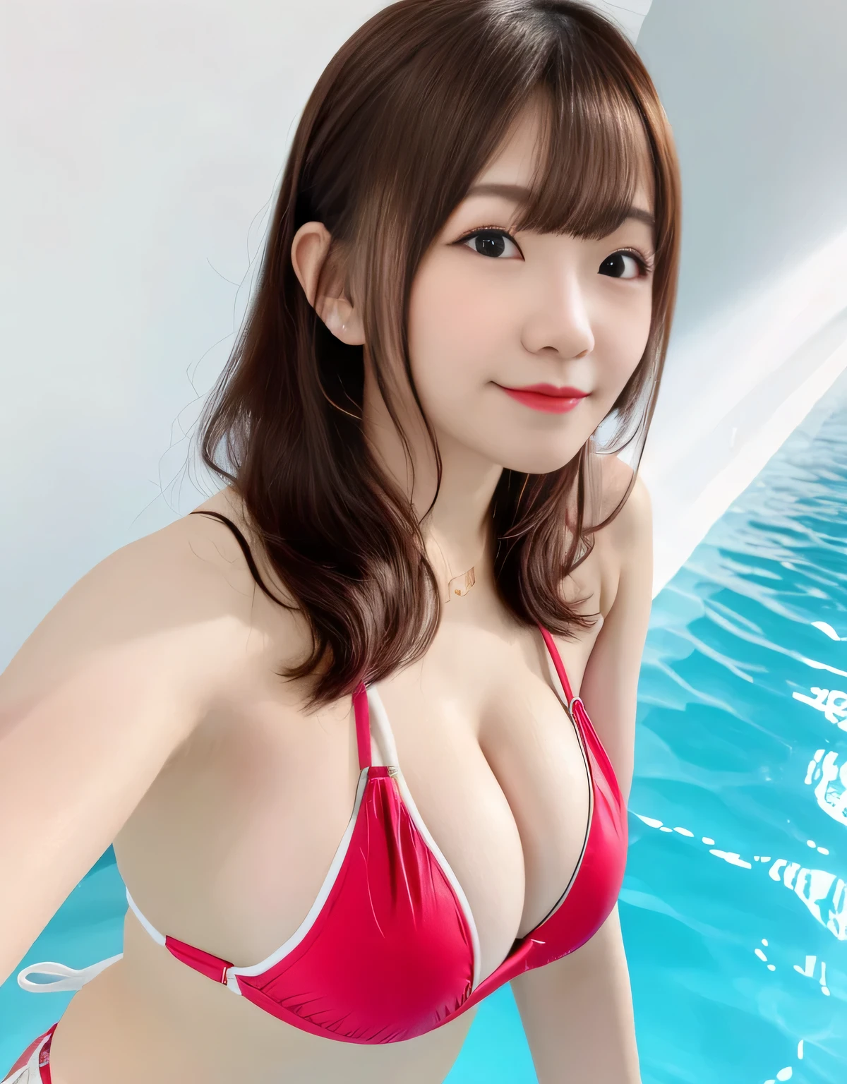 takahashiminami,Looking at Viewer,Standing,((masterpiece)),((Best Quality)),Perfect Anatomy,8K UHD,extremely detailed face,((1girl)),((Solo)),(Beautiful detailed eyes:1.5),perfect Image,(Upper body:1.1),(Look at the front:1.1),Arms behind back,Slim waist,(shiny hair),ultra-detailed,absurdres,((huge breasts)),(Beautiful skin),(shiny skin),((deep cleavage)),smile,bikini,(metalic shiny bikini),indoor pool,smile,closed mouth,erotic lips,red lips,