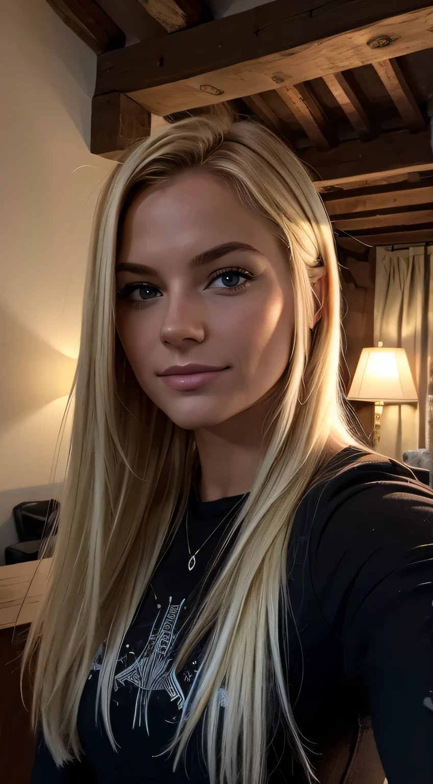 1 Frau, amerikanisch, Nice, ((Selfie, Happy)), in a cozy half-timbered house, Nicee Hintergrundbeleuchtung ,Meisterwerk, Best quality, Ultradetailliert, Allein, im Bett, (die Nacht), Happy, Holzs, Steinformationen, Holz, Rauch, schattig, Kontrast, analoger Stil (Blickt zum Betrachter auf:1.2) (Hauttextur) (Filmkorn:1.3), (warmer Farbton, warmer Ton:1.2), Nahaufnahme, Filmisches Licht, Seitenlicht, Die Ultra-Highres, beste Schatten, ..ROH, upper half of the body, Schlafanzug, Entspannte und intime Fotos, blonde Haare,