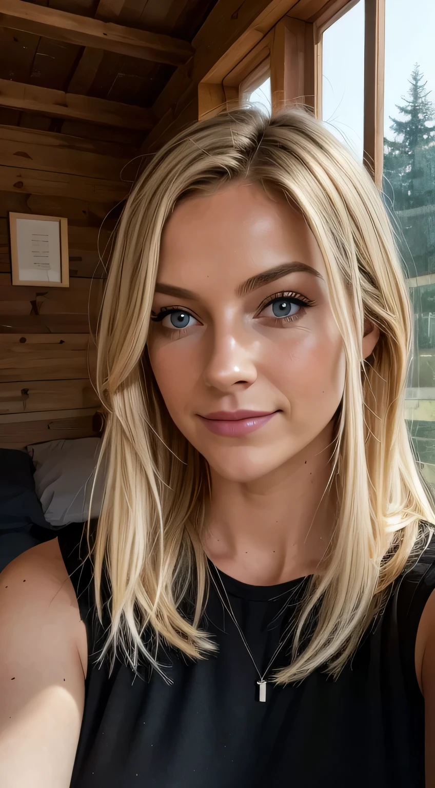 1 Frau, amerikanisch, Nice, ((Selfie, Happy)), sleeping in a cozy half-timbered house, Nicee Hintergrundbeleuchtung, “Tent open” sign.,Meisterwerk, Best quality, Ultradetailliert, Allein, im Bett, (die Nacht), Happy, Holzs, Steinformationen, Holz, Rauch, schattig, Kontrast, analoger Stil (Blickt zum Betrachter auf:1.2) (Hauttextur) (Filmkorn:1.3), (warmer Farbton, warmer Ton:1.2), Nahaufnahme, Filmisches Licht, Seitenlicht, Die Ultra-Highres, beste Schatten, ..ROH, upper half of the body, Schlafanzug, Entspannte und intime Fotos, blonde Haare,