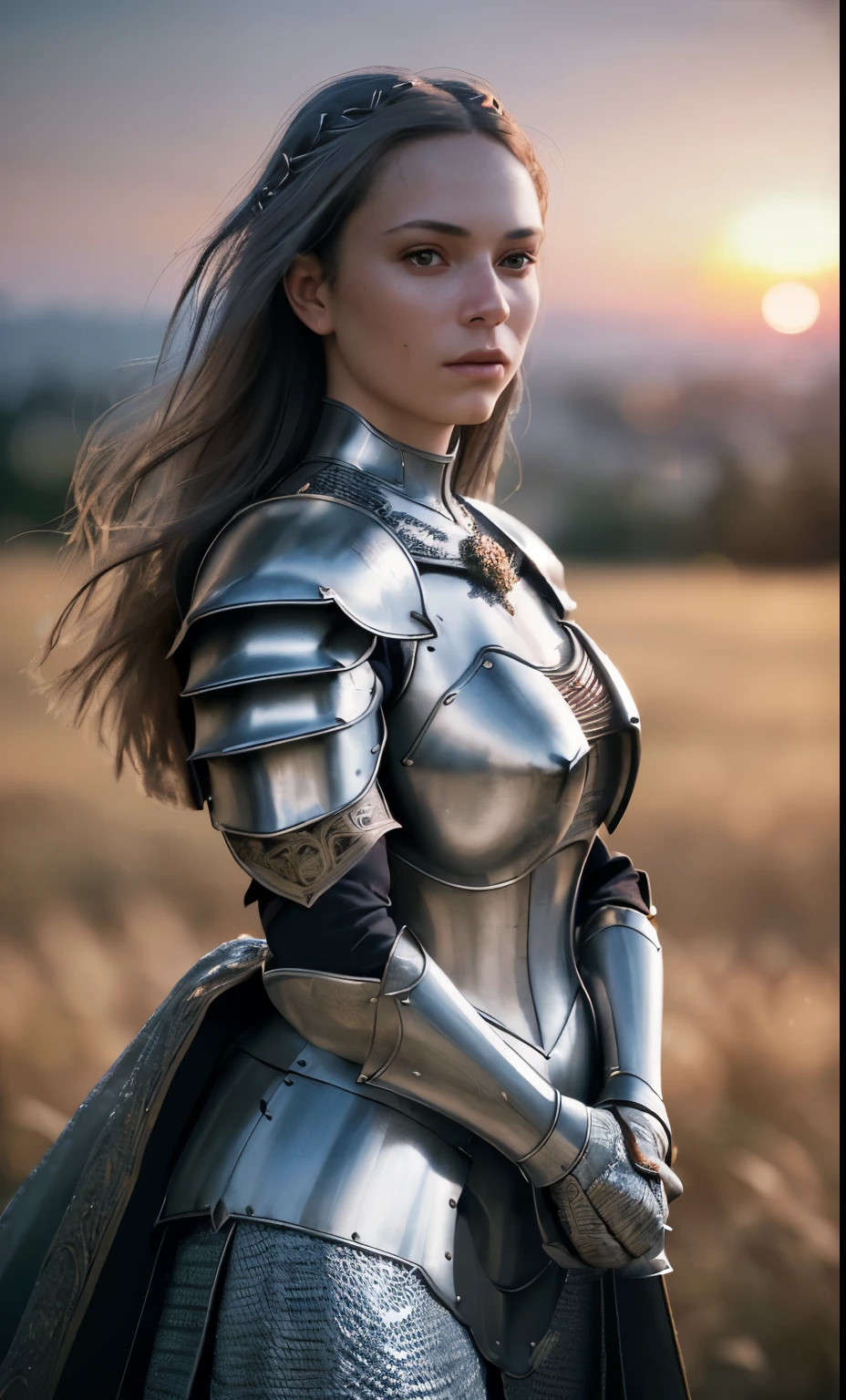 (masterpiece), (extremely intricate:1.3), (realistic), portrait of a lady, the most beautiful in the world, (medieval armor), metal reflections, upper body, outdoors, intense sunlight, far away castle, professional photograph of a stunning woman detailed, sharp focus, dramatic, award winning, cinematic lighting, octane render  unreal engine,  volumetrics dtx, (film grain, blurry background, blurry foreground, bokeh, depth of field, sunset, motion blur:1.3), chainmail