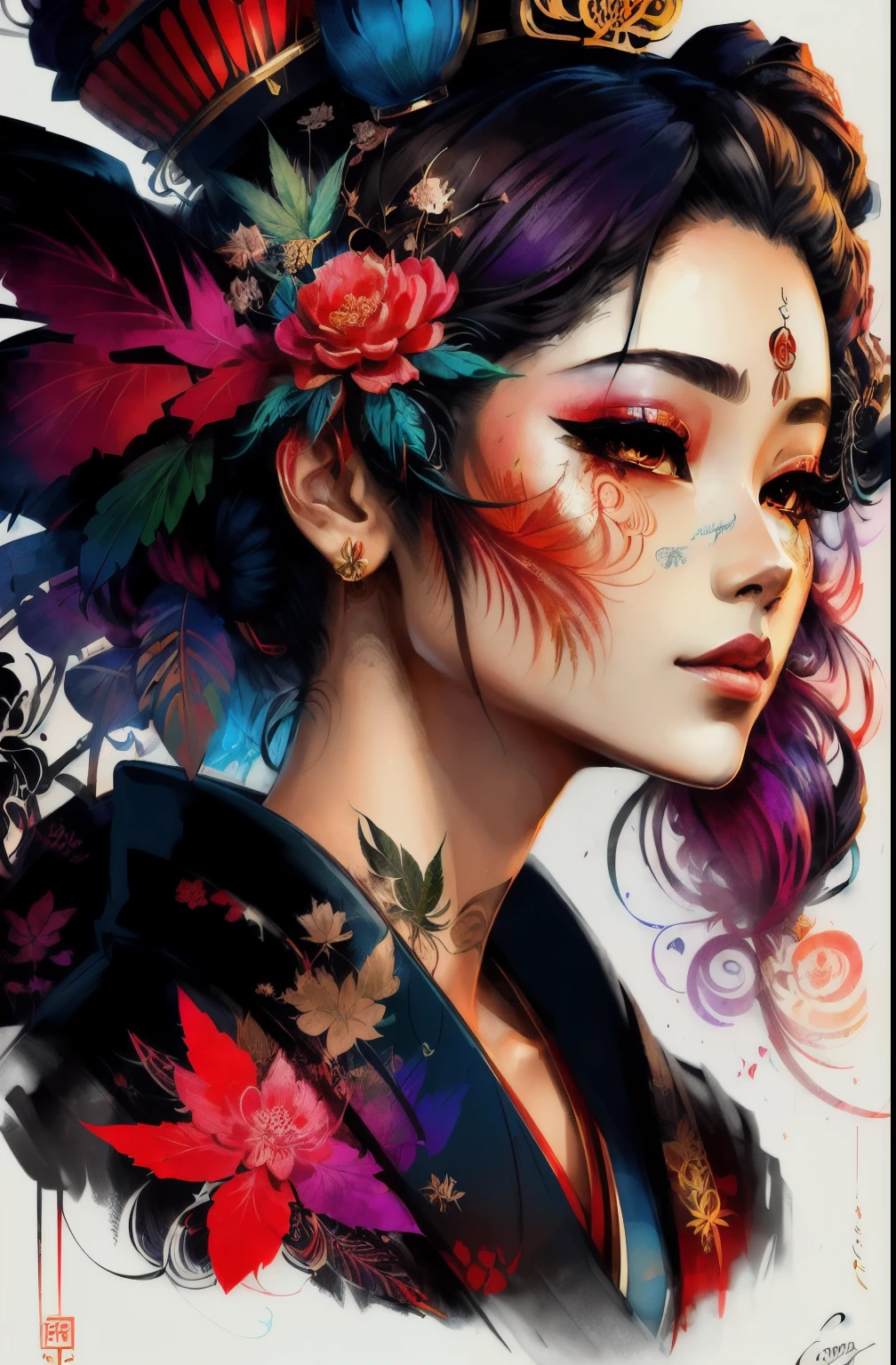 Stunning cannabis geisha, centered, cannabis key visual, intricate, highly detailed, breathtaking beauty, precise lineart, vibrant, comprehensive cinematic, Carne Griffiths, Conrad Roset, (the most beautiful portrait in the world:1.5)