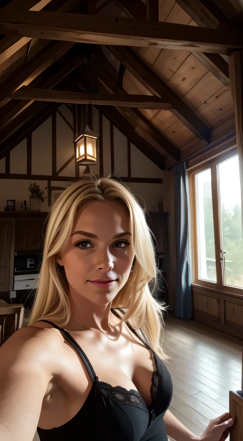 1 Frau, amerikanisch, Nice, ((Selfie, Happy)), sleeping in a cozy half-timbered house, Nicee Hintergrundbeleuchtung, “Tent open” sign.,Meisterwerk, Best quality, Ultradetailliert, Allein, im Bett, (die Nacht), Happy, Holzs, Steinformationen, Holz, Rauch, schattig, Kontrast, analoger Stil (Blickt zum Betrachter auf:1.2) (Hauttextur) (Filmkorn:1.3), (warmer Farbton, warmer Ton:1.2), Nahaufnahme, Filmisches Licht, Seitenlicht, Die Ultra-Highres, beste Schatten, ..ROH, upper half of the body, Schlafanzug, Entspannte und intime Fotos, blonde Haare,