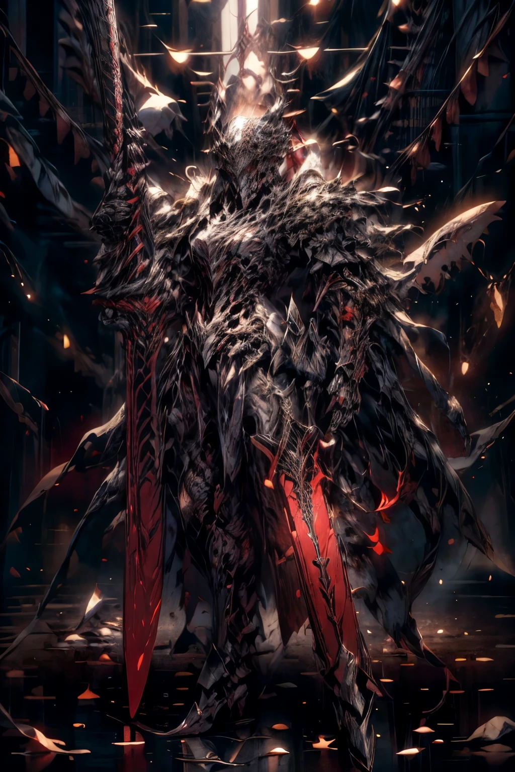 RPG rogue, humanoid demon, reddish armor, blood on his face, blood demon, chain whip with a blade at the end, blood knight, dark fantasy character design, great character design, in the style of dark souls 3, red knight armor berserk skull, undead knight, dark fantasy style art, very detailed art, scenery with bodies on the ground and lots of blood, improve the leg, skull more exposed outside the helmet