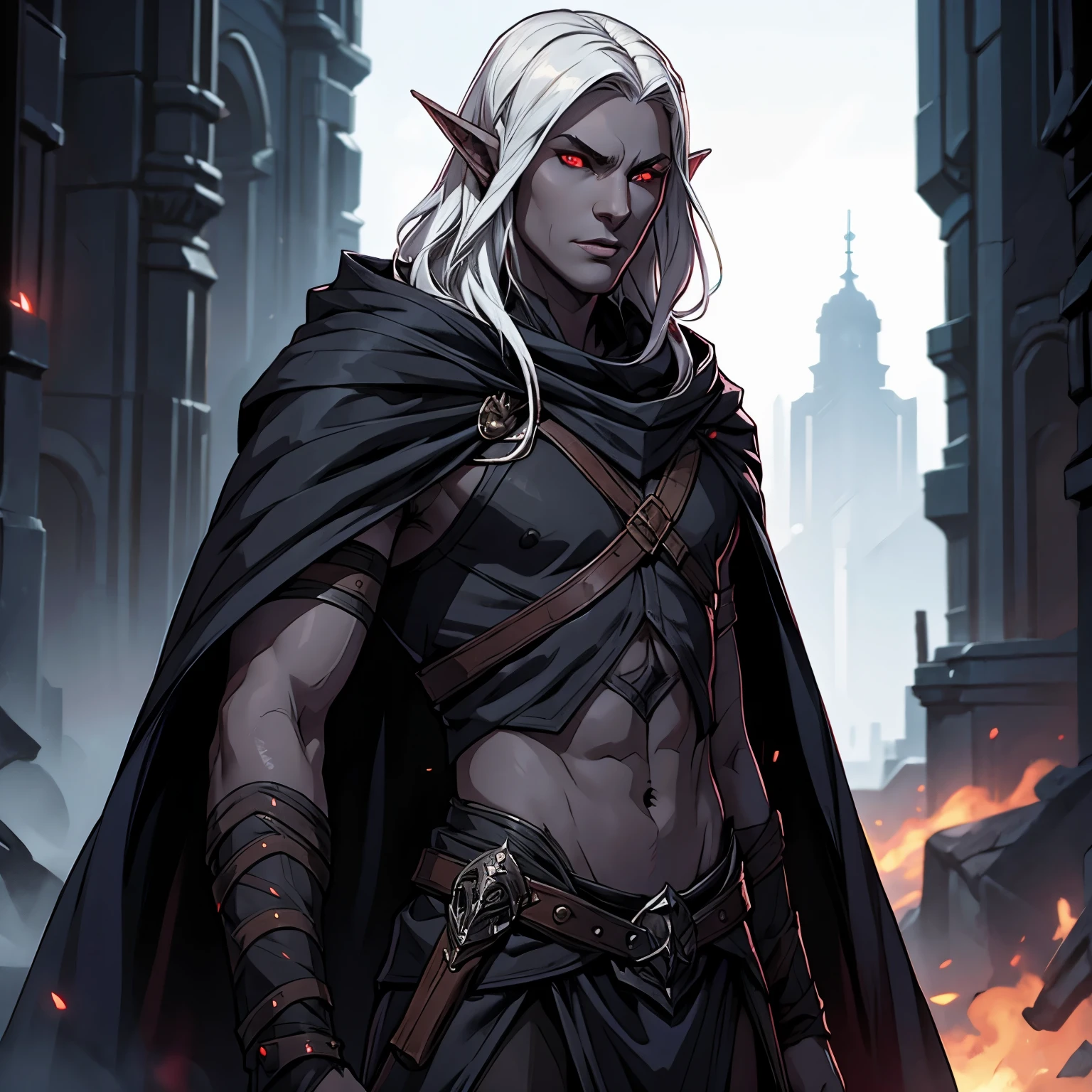 drow, male, pointy ears, solo, elf,tight sleeveless shirt, hood, colored skin, midriff, looking at viewer, long hair, cloak, dark elf, shoulder length white hair, cape, hooded cloak, belt, pouch, red eyes, grey skin, red eyes, upper body,glowing eyes, magenta lips, ((masterpiece, best quality)), art by greg rutkowski, trending on artstation