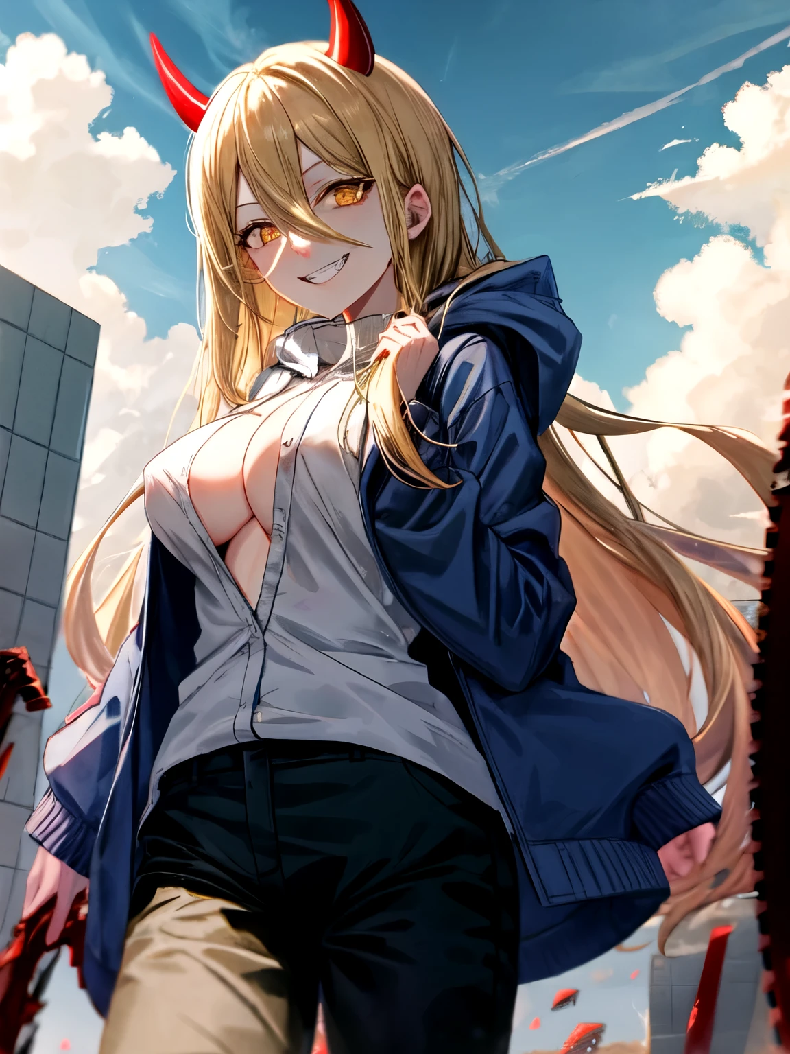 Power \(chainsaw man\), long hair, cloud, cowboy shot, demon horns, blue sky, day, outdoors, yellow eyes, hood, blonde hair, anime coloring, red horns, cloudy sky, jacket,csm anime style, masterpiece, grin,show tits