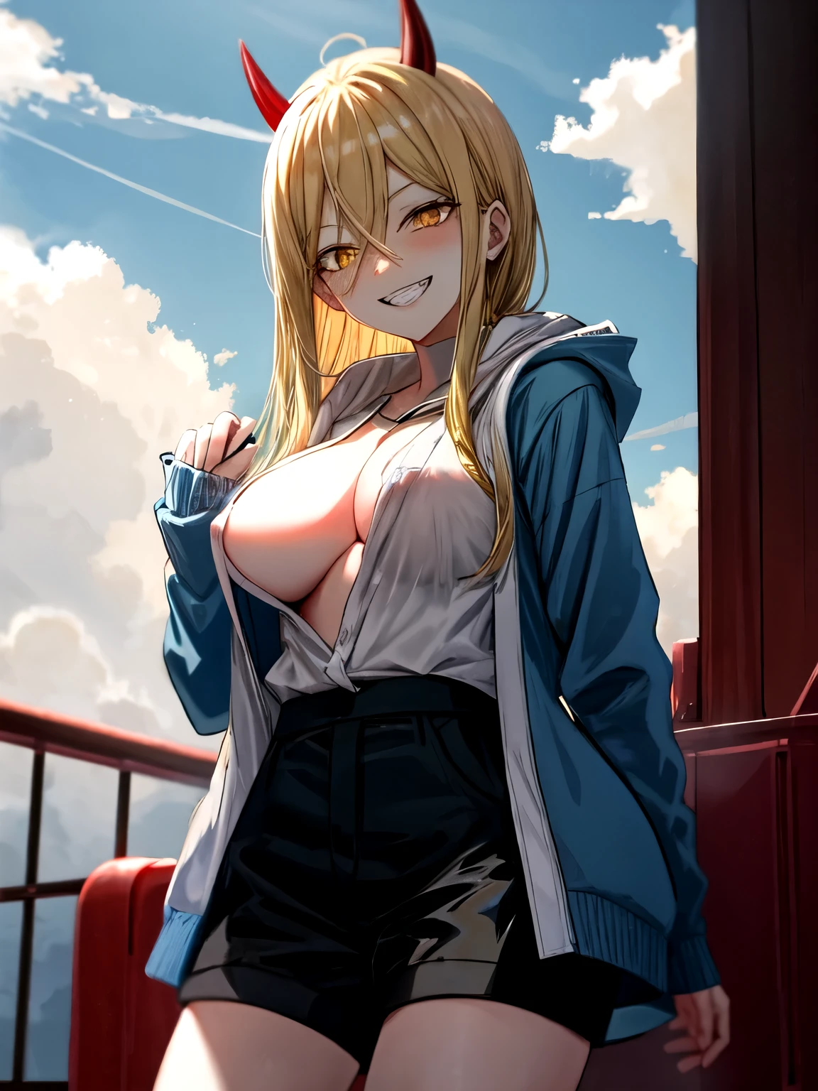 Power \(chainsaw man\), long hair, cloud, cowboy shot, demon horns, blue sky, day, outdoors, yellow eyes, hood, blonde hair, anime coloring, red horns, cloudy sky, jacket,csm anime style, masterpiece, grin,show tits