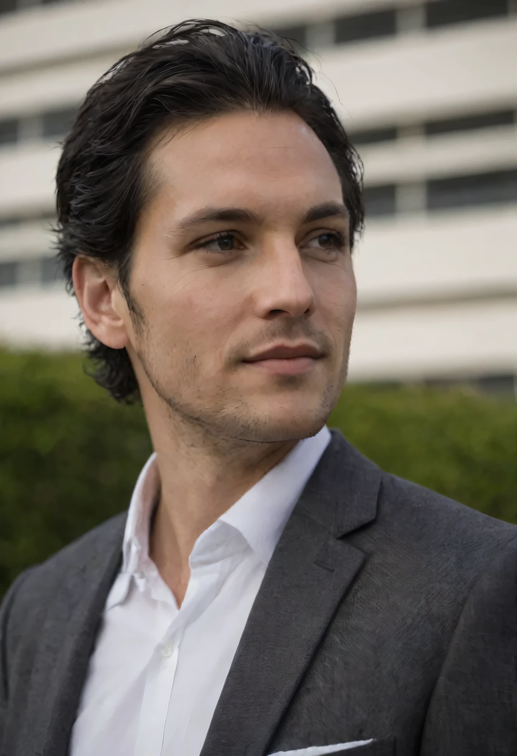 man standing wearing a suit looking forward, hair down,