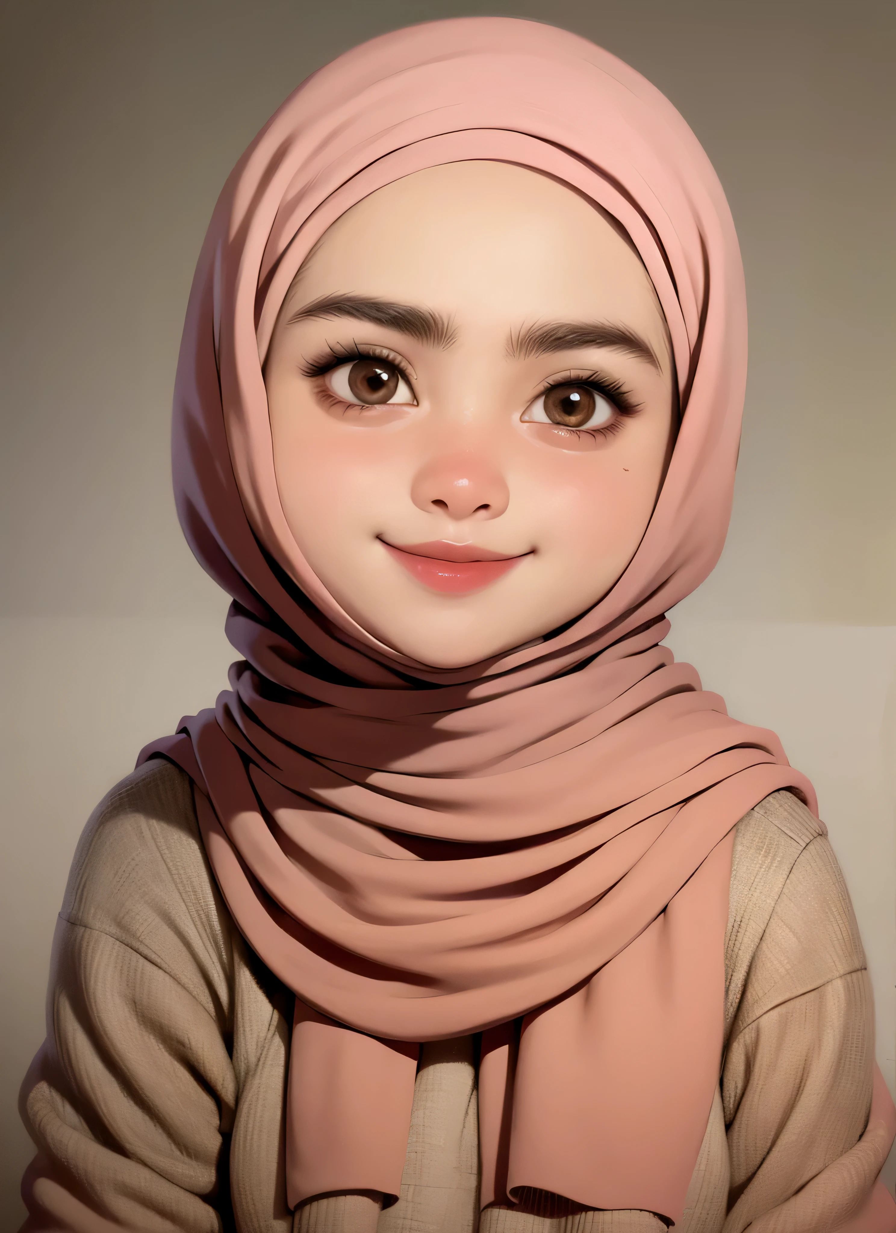 super cute girl IP by popmart,natural light,Adorable,Youthful,Animated, pixar style, hijab style, muslim, gray background, smile, look in camera