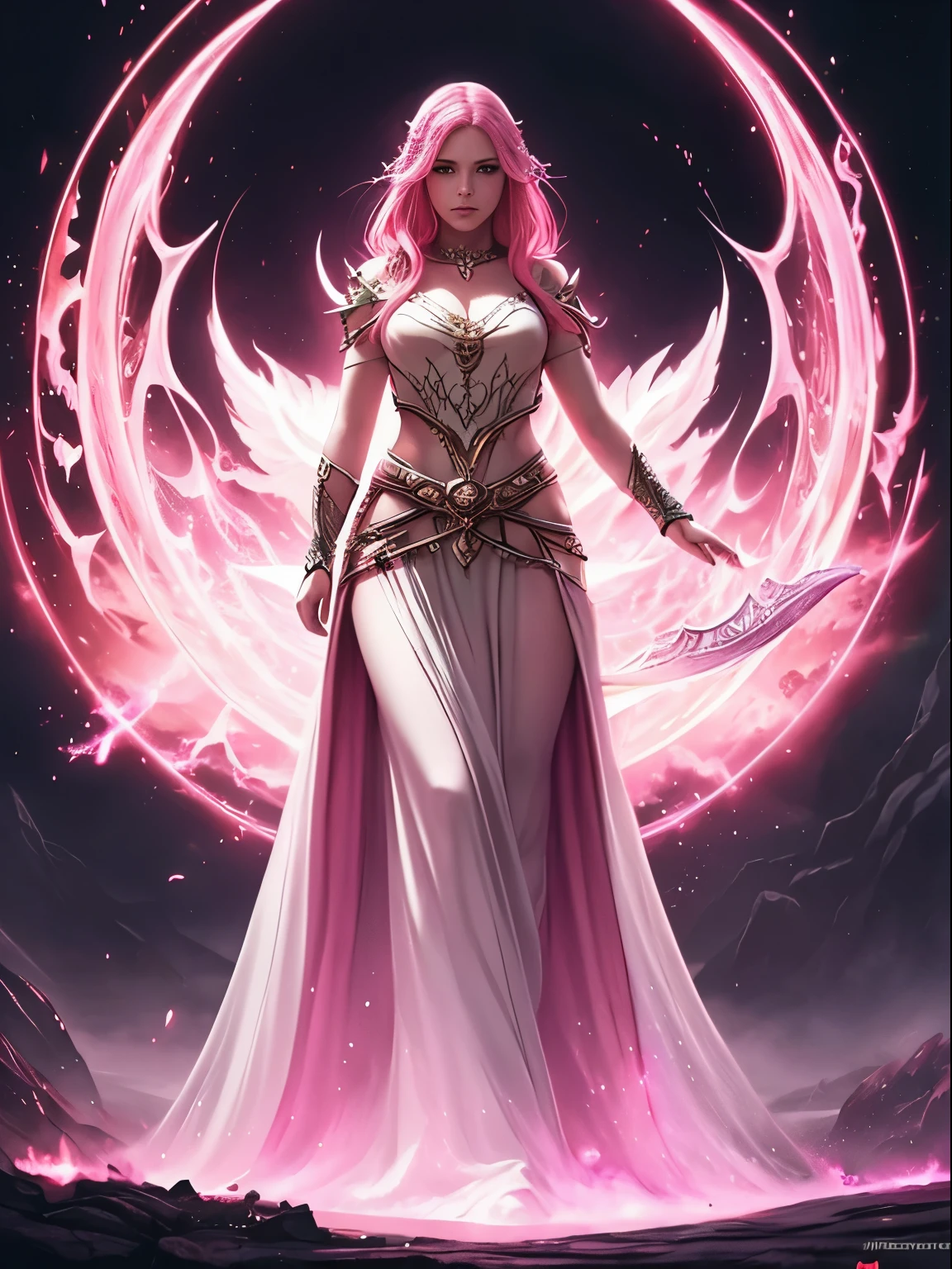 a woman with pink hair white dress, girl, goddess, fantasy art, female goddess, dark fantasy style art, dark fantasy art, epic fantasy art style hd, epic fantasy art style, digital 2d fantasy art, high quality fantasy art, hd fantasy art