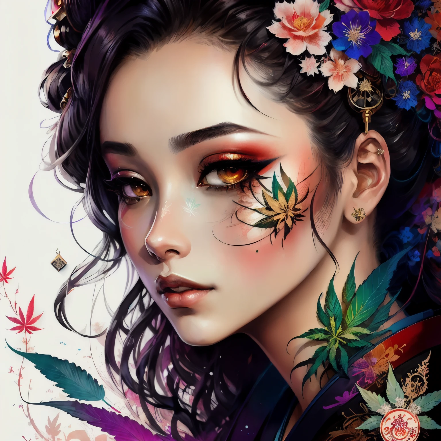 Stunning cannabis geisha, centered, cannabis key visual, intricate, highly detailed, breathtaking beauty, precise lineart, vibrant, comprehensive cinematic, Carne Griffiths, Conrad Roset, (the most beautiful portrait in the world:1.5)