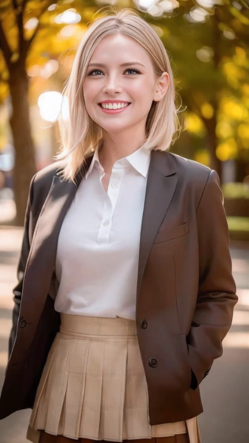 Lakeside park with sunlight shining through the trees, (school uniform, shirt, skirt),  japanese girl, , skinny body, flat chest, gray bob cut, extremely ultra detailed face, extremely ultra real skin, extremely ultra detailed eyes, (masterpiece, best quality:1.2), octane rendering, (8k, uhd, ultra high res), extremely ultra detailed real texture, professional lighting, (realistic:1.3), (RAW photo), (photorealistic:1.3)