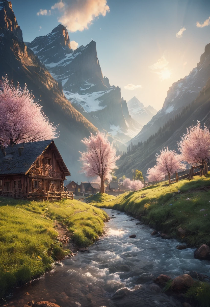 Spring Morning, by Max_Rive and Ryan_Dyar, octane render, kodak style, best quality, masterpiece, very aesthetic, perfect composition, intricate details, ultra-detailed
