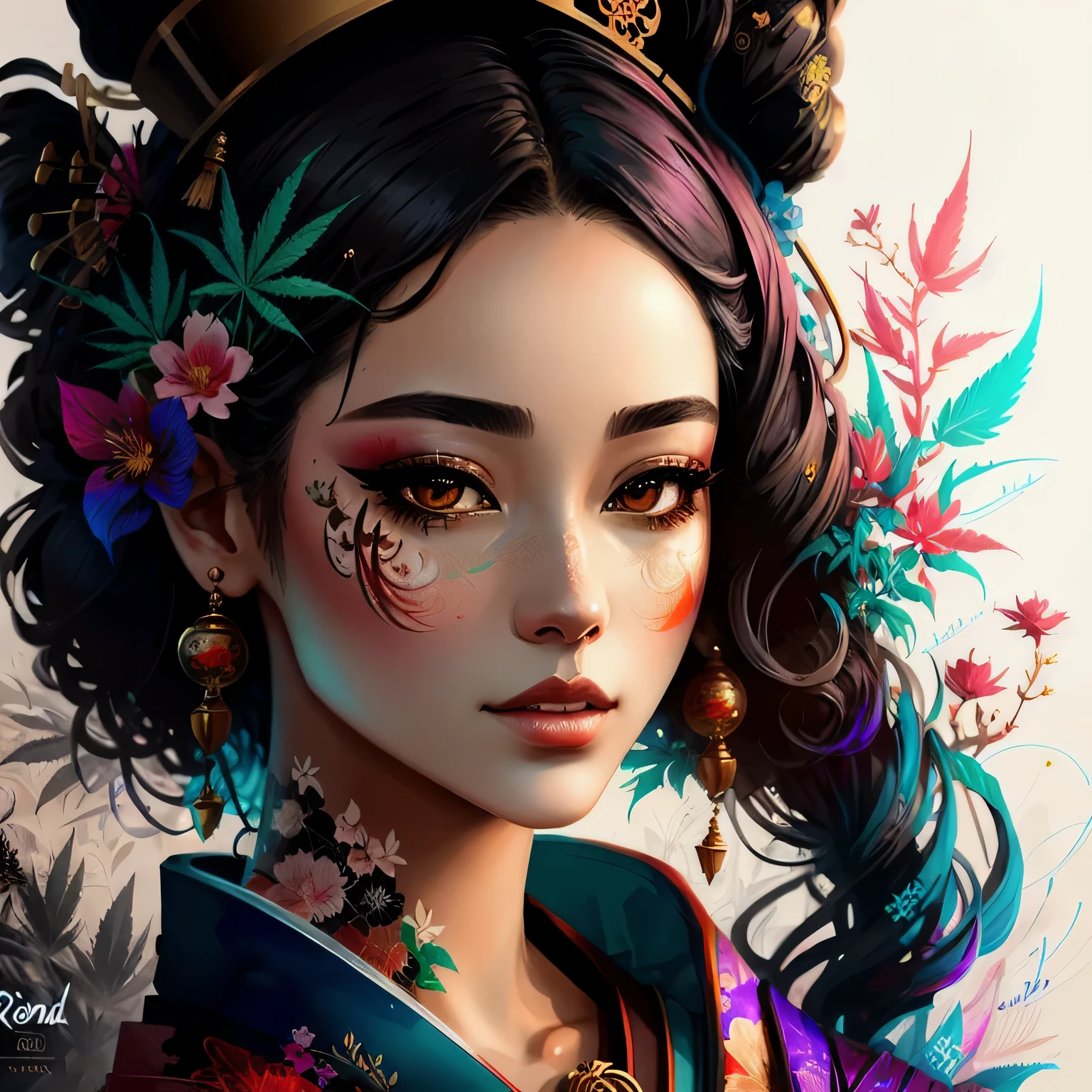Stunning cannabis geisha, centered, cannabis key visual, intricate, highly detailed, breathtaking beauty, precise lineart, vibrant, comprehensive cinematic, Carne Griffiths, Conrad Roset, (the most beautiful portrait in the world:1.5)