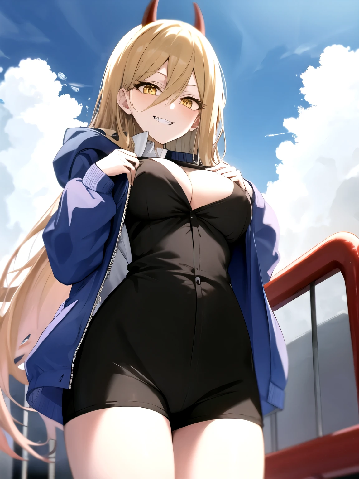 Power \(chainsaw man\), long hair, cloud, cowboy shot, demon horns, blue sky, day, outdoors, yellow eyes, hood, blonde hair, anime coloring, red horns, cloudy sky, jacket,csm anime style, masterpiece, grin,show tits